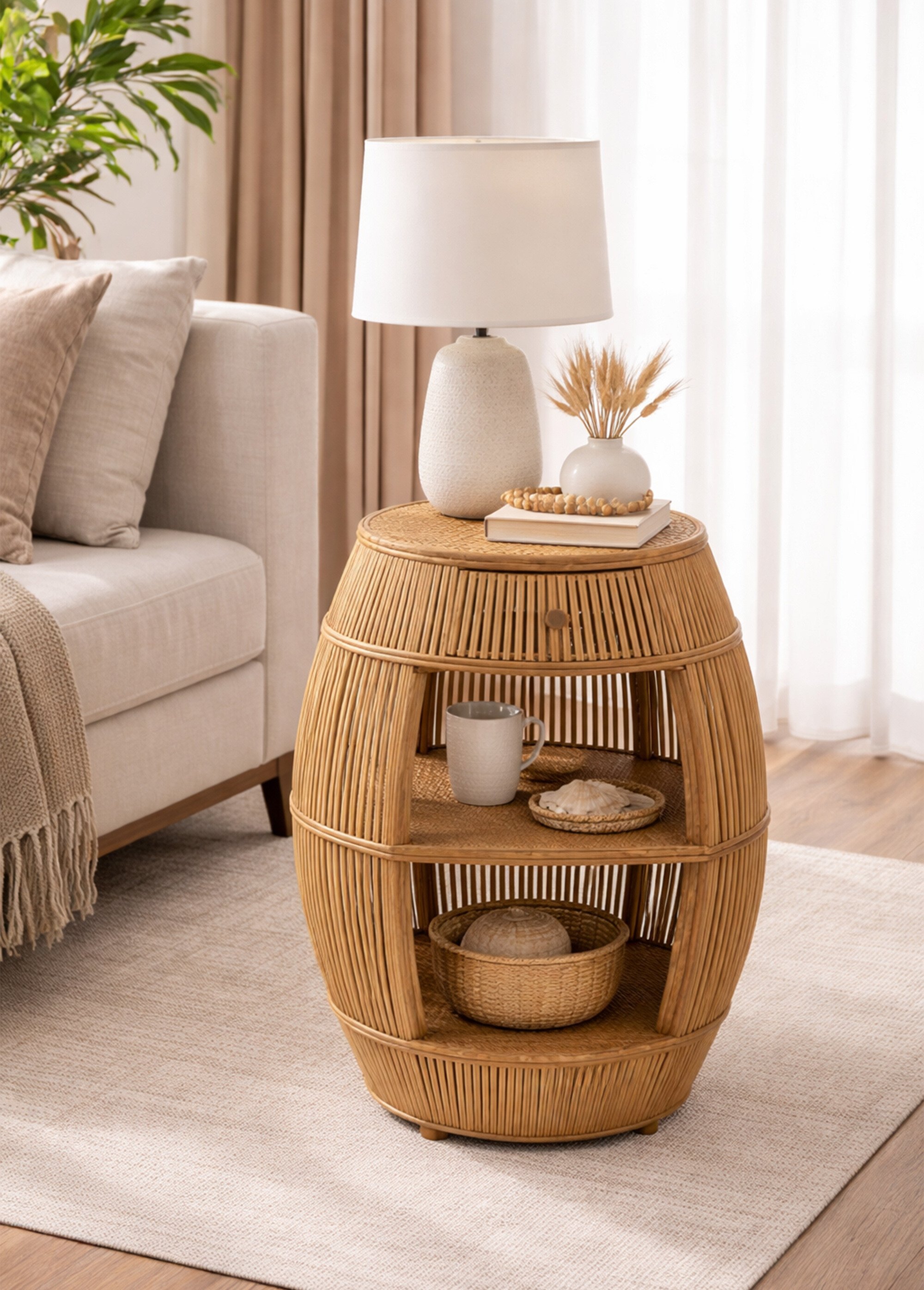 Table en rotin et bambou, forme barrique BEIGE JP-46371 SI1