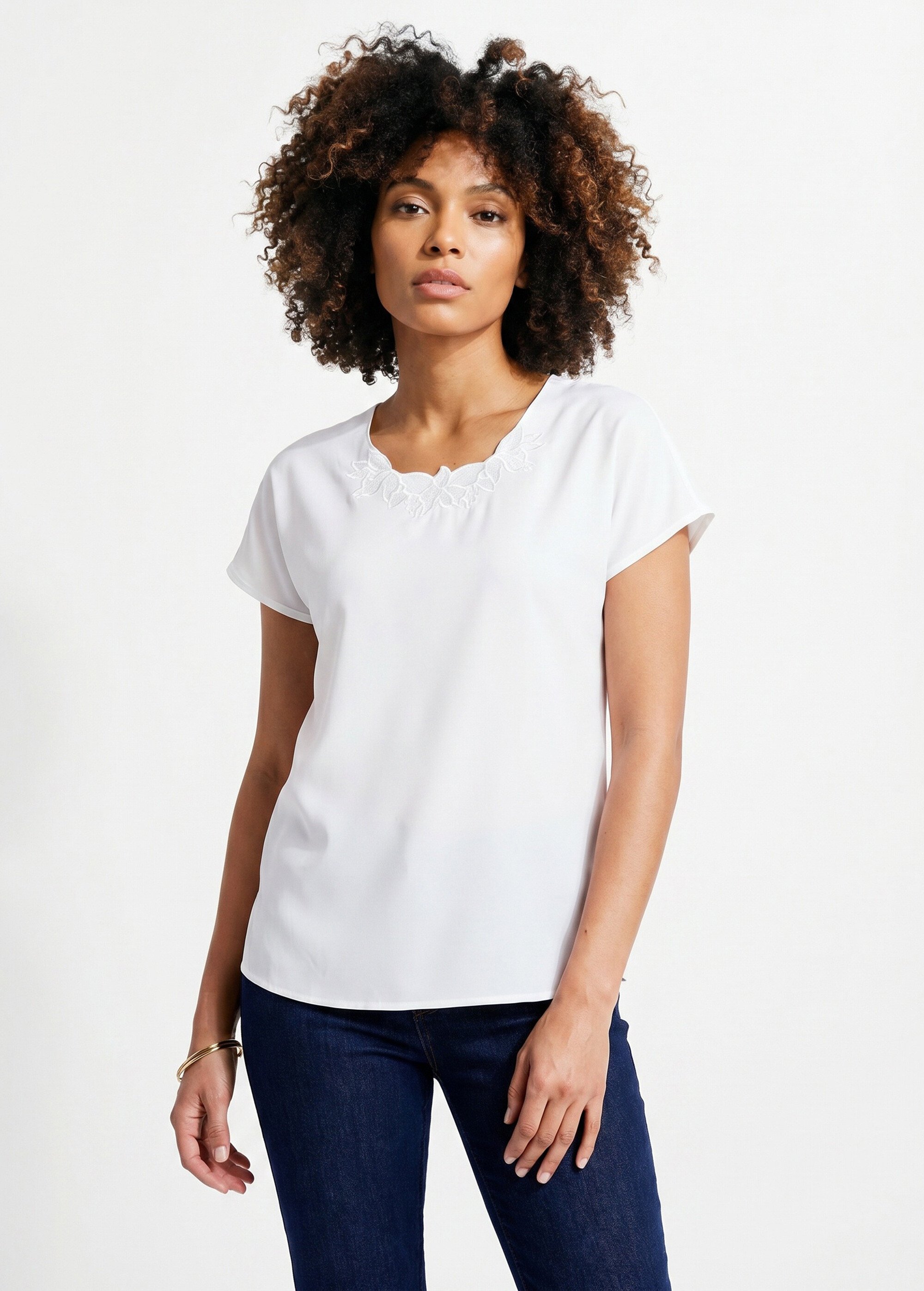 Top long manches courtes broderies col rond Femme Beige CUMIN FA1