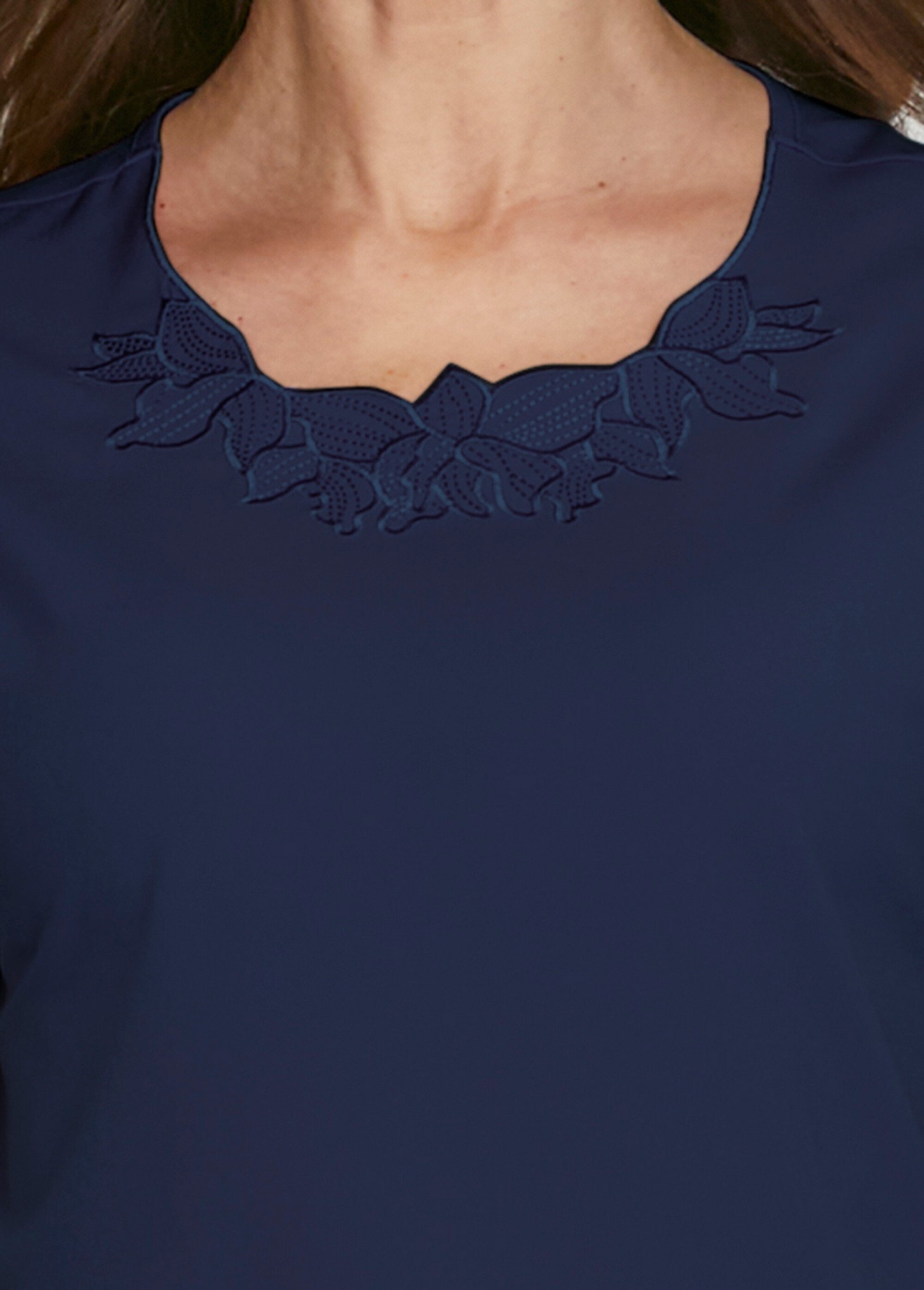 Top long manches courtes broderies col rond Femme Bleu CUMIN DE1