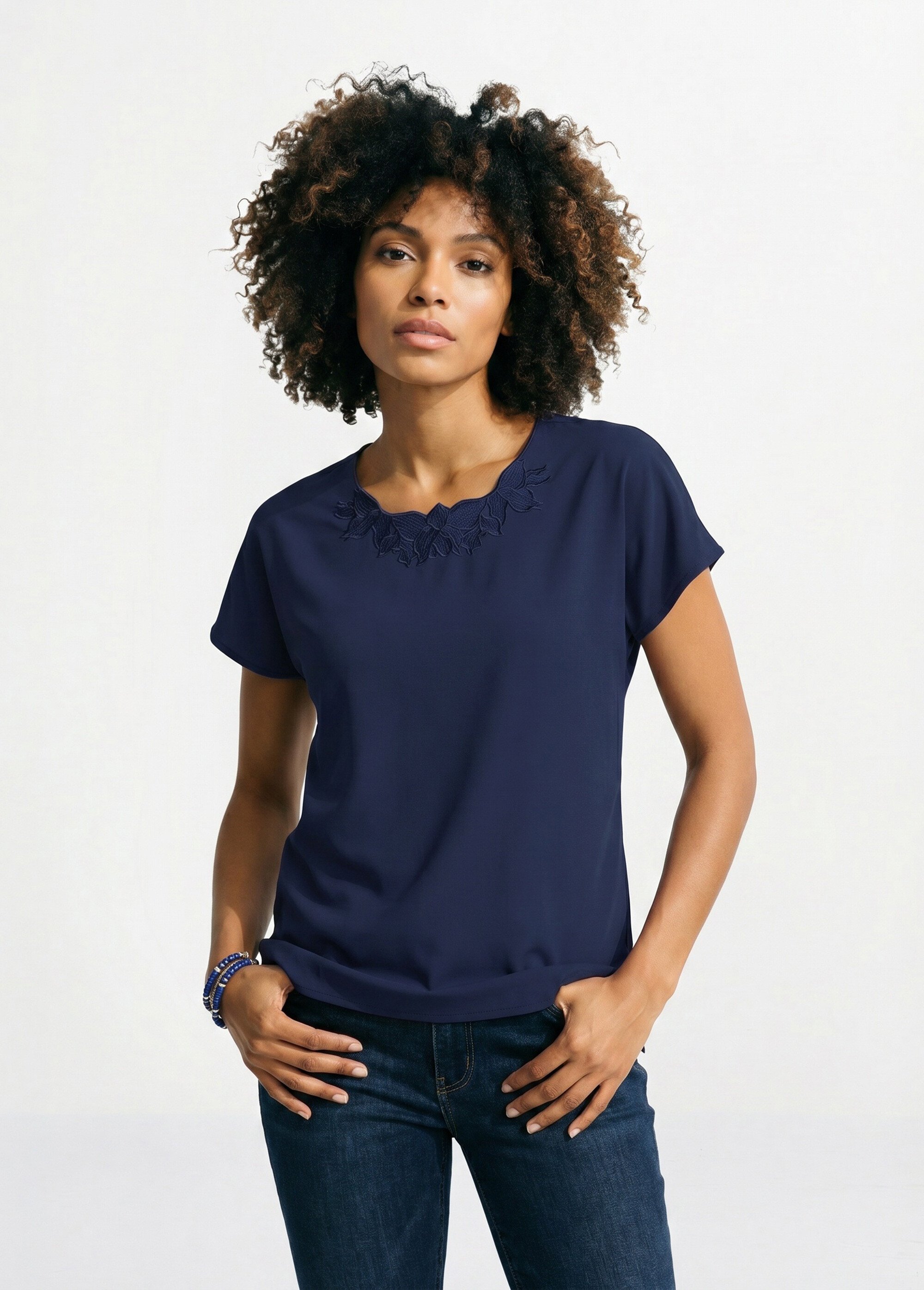 Top long manches courtes broderies col rond Femme Bleu CUMIN FA1