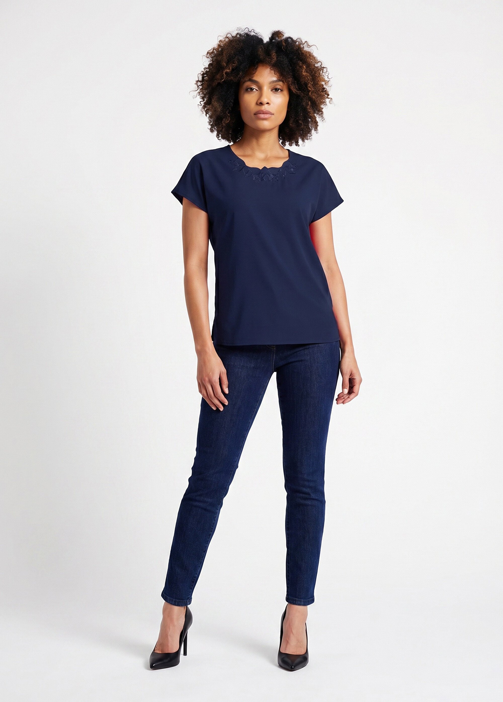 Top long manches courtes broderies col rond Femme Bleu CUMIN SI1