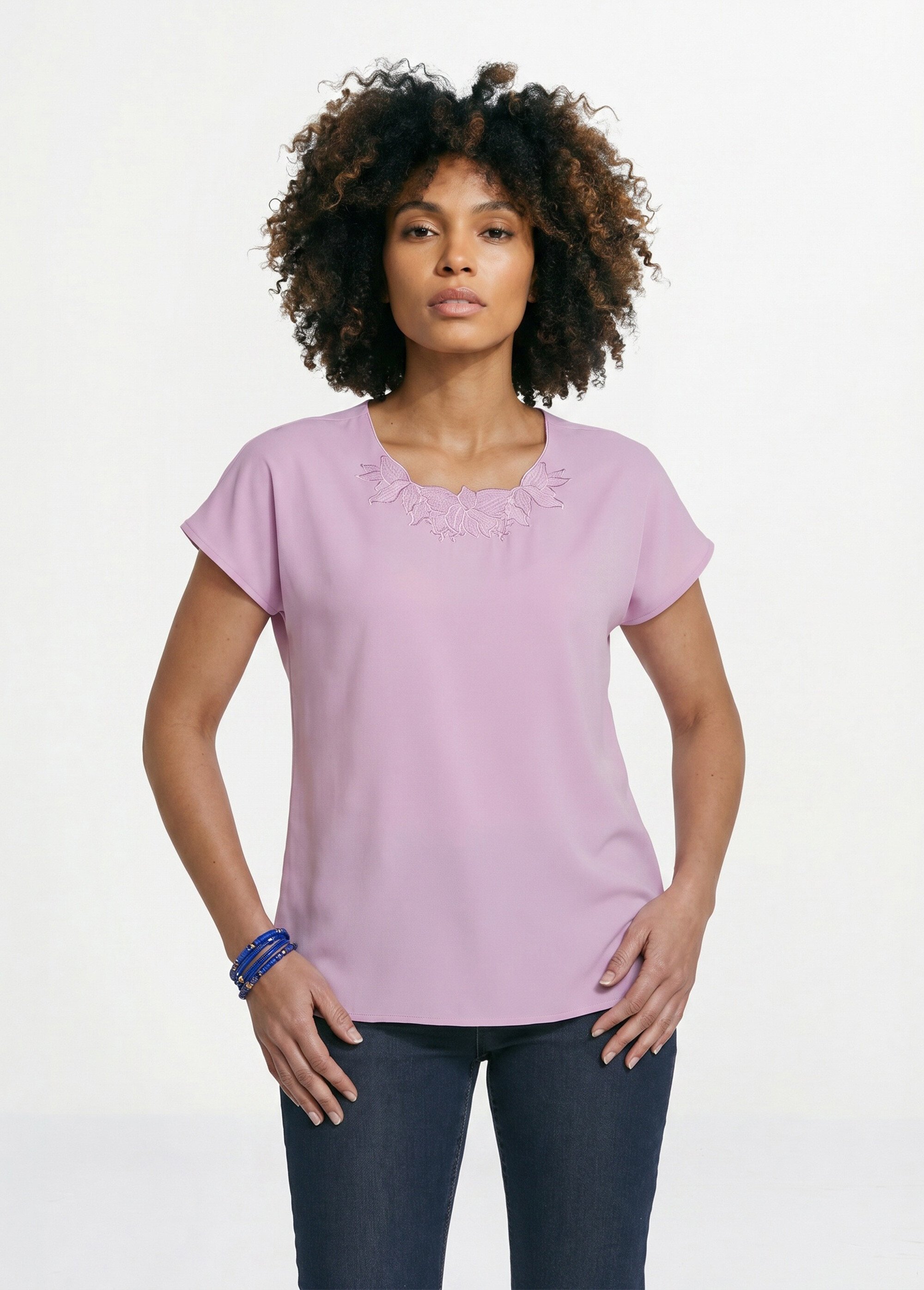 Top long manches courtes broderies col rond Femme Violet CUMIN FA1