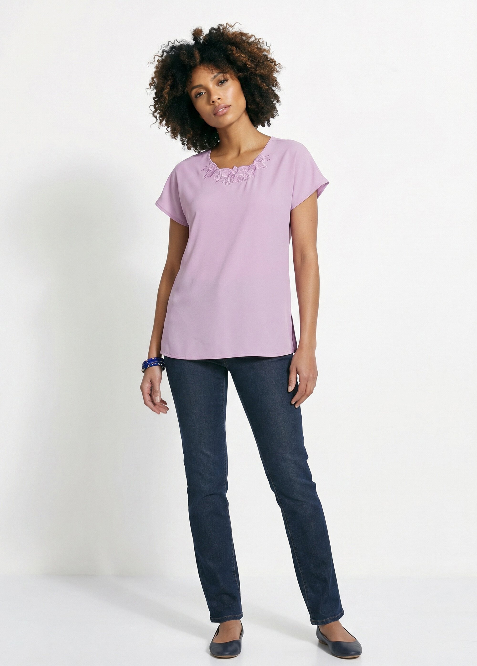 Top long manches courtes broderies col rond Femme Violet CUMIN SI1