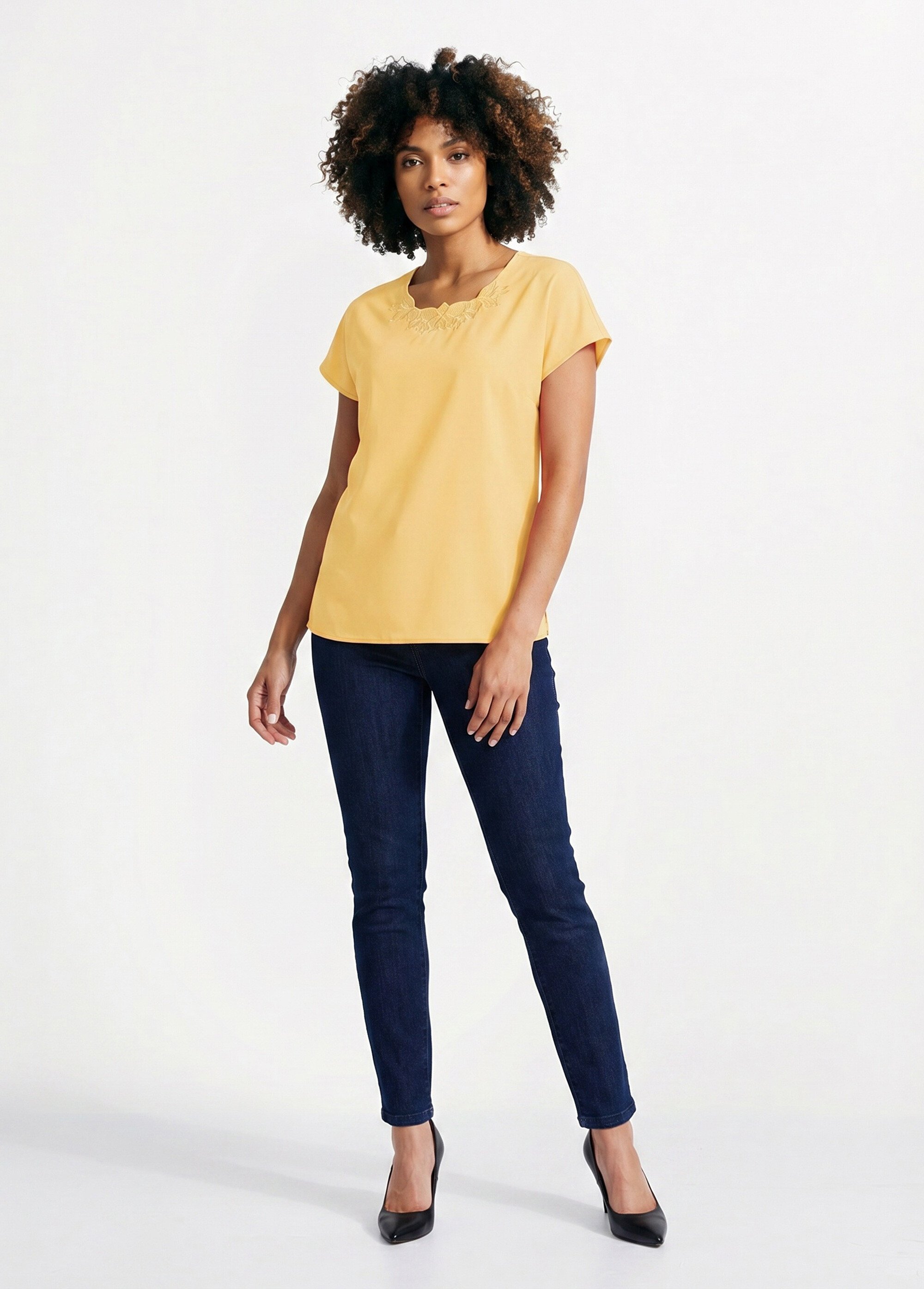 Top long manches courtes broderies col rond Femme Jaune CUMIN SI1