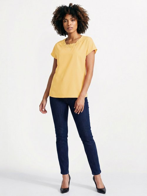 Top long manches courtes broderies col rond Femme Jaune CUMIN SI1