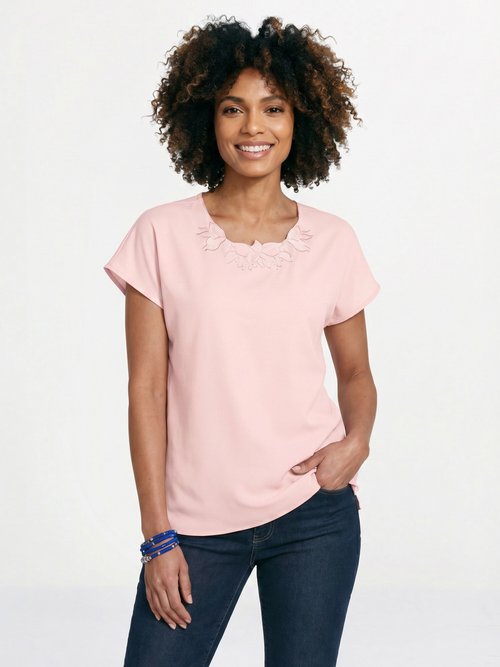 Top long manches courtes broderies col rond Femme Rose CUMIN FA1