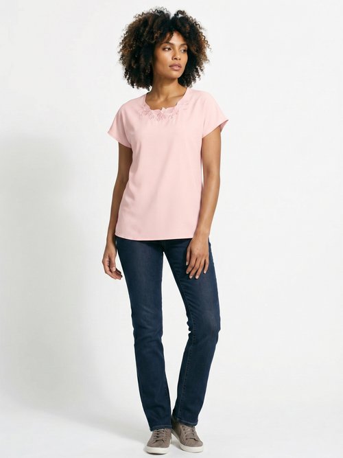 Top long manches courtes broderies col rond Femme Rose CUMIN SI1