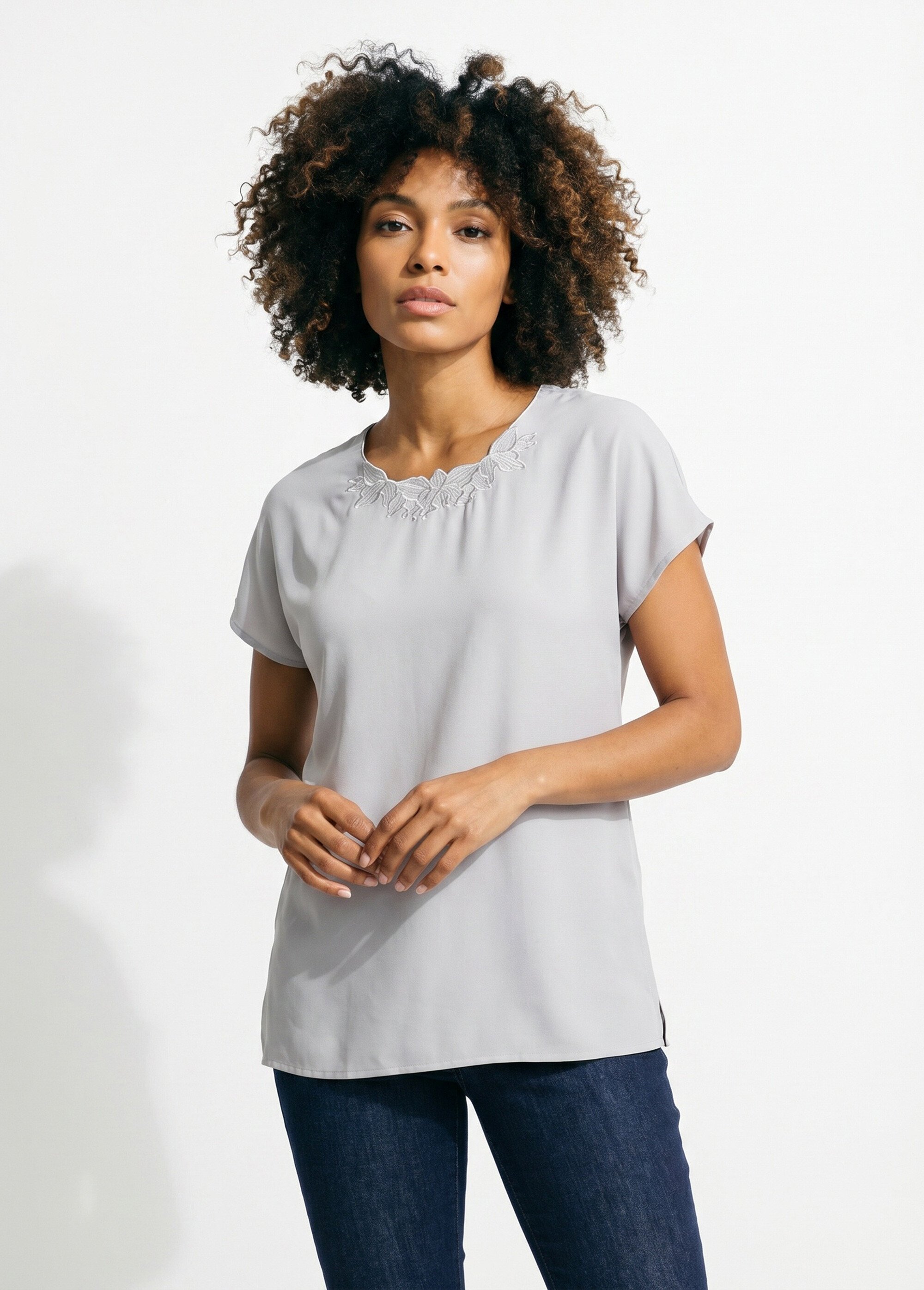 Top long manches courtes broderies col rond Femme Argenté CUMIN FA1