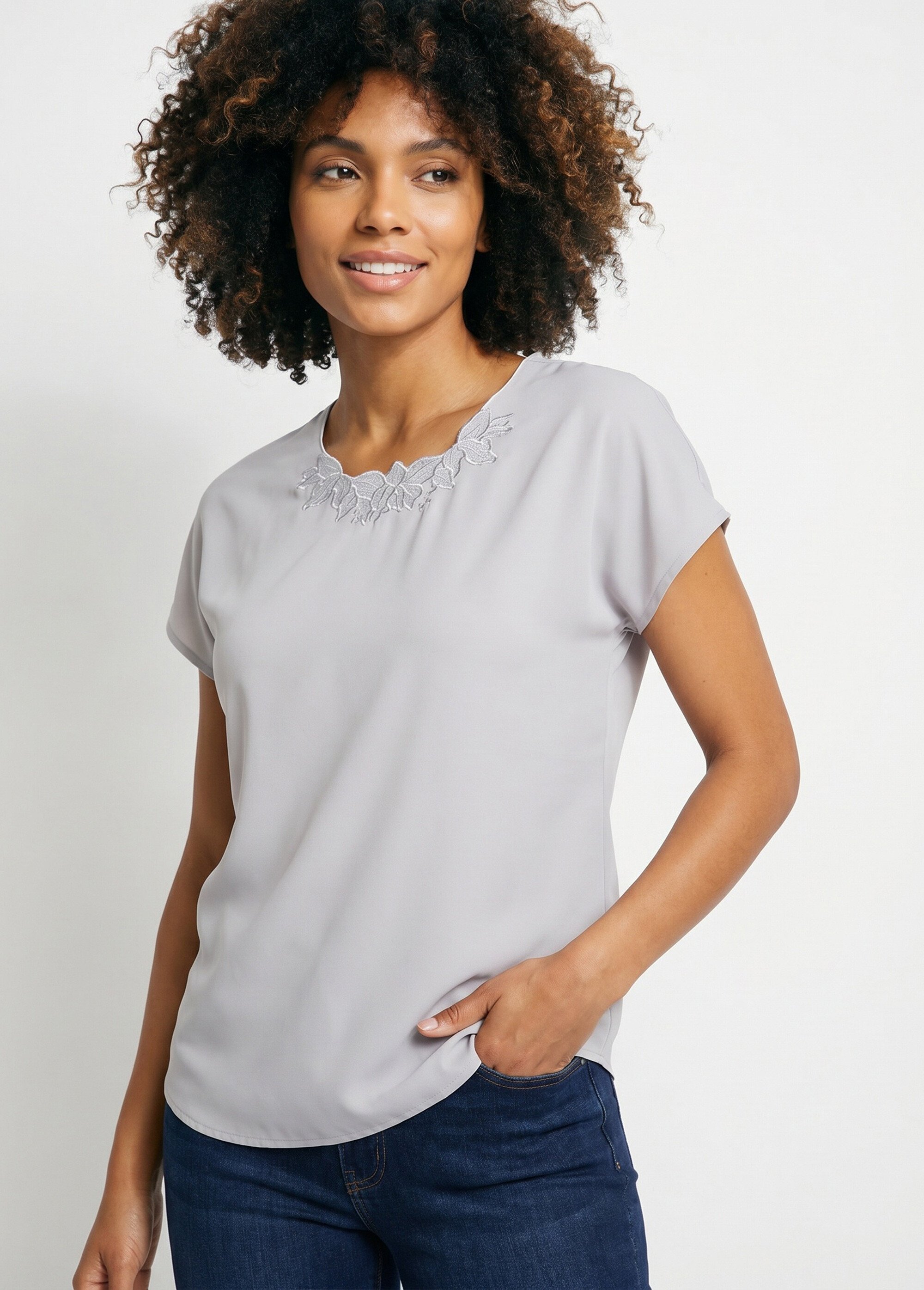 Top long manches courtes broderies col rond Femme Argenté CUMIN MV1