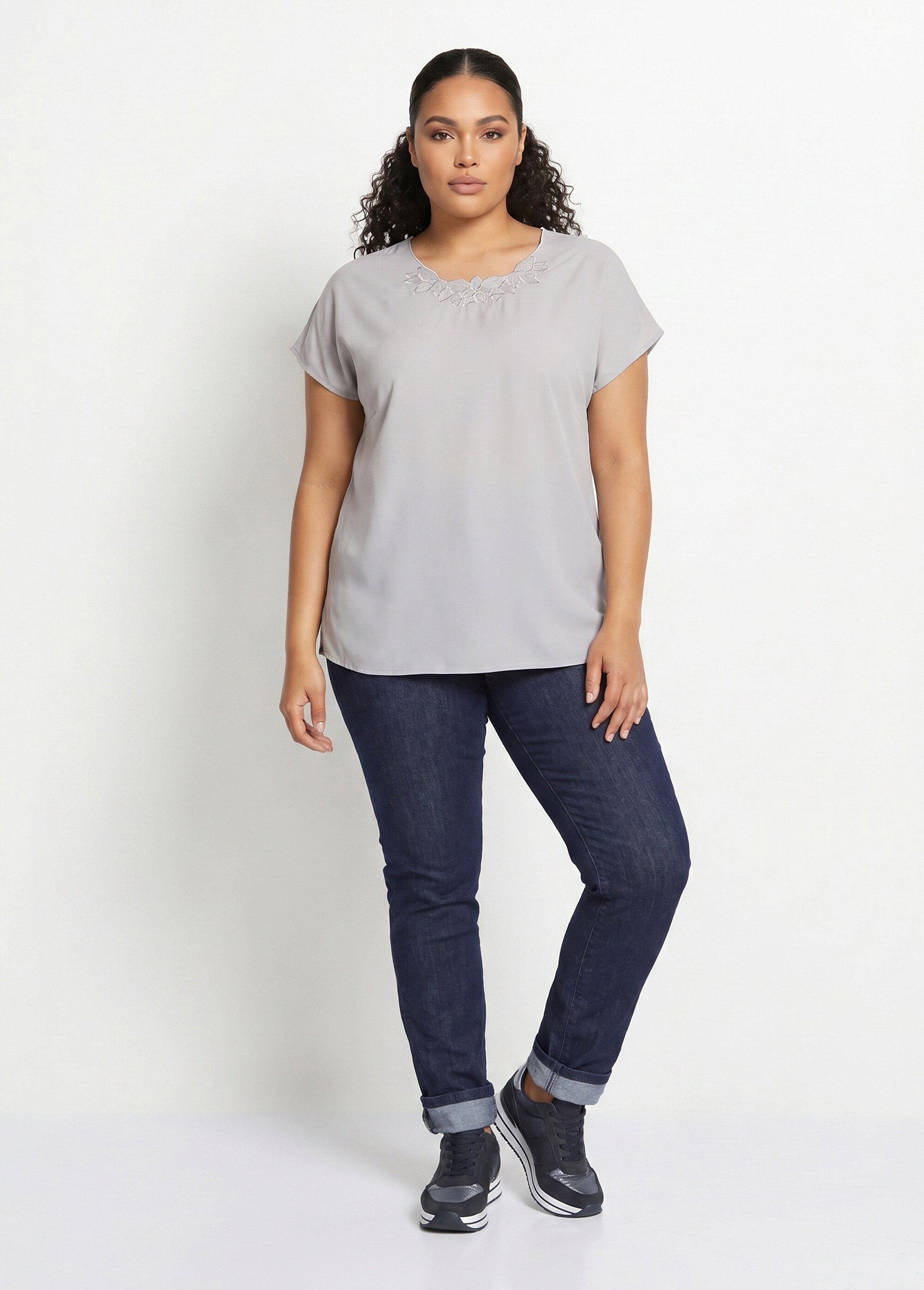 Top long manches courtes broderies col rond Femme Grande Taille Argenté CUMIN SI1