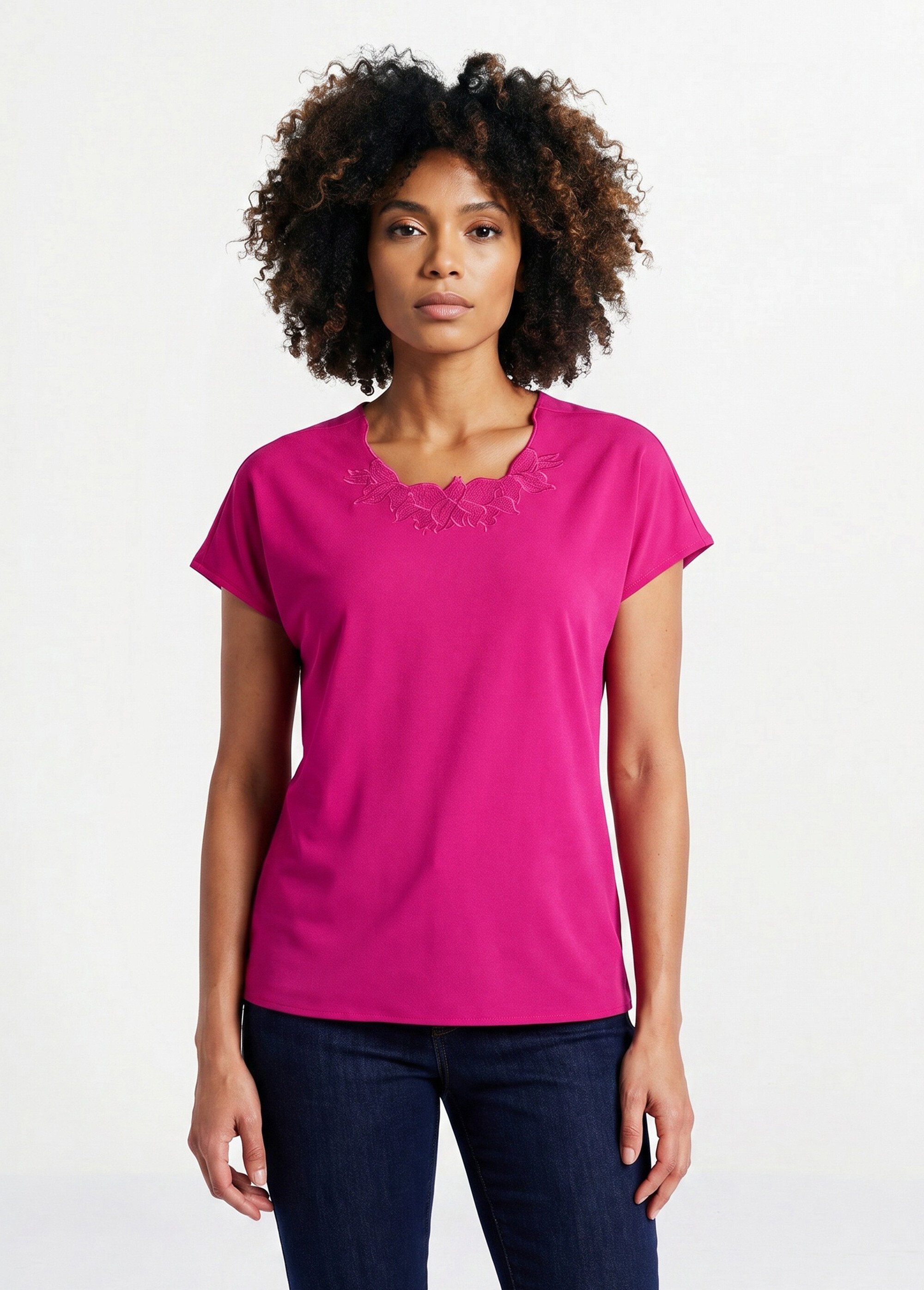 Top long manches courtes broderies col rond Femme Rose CUMIN FA1