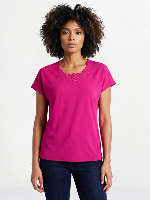 Top long manches courtes broderies col rond Femme Rose CUMIN FA1