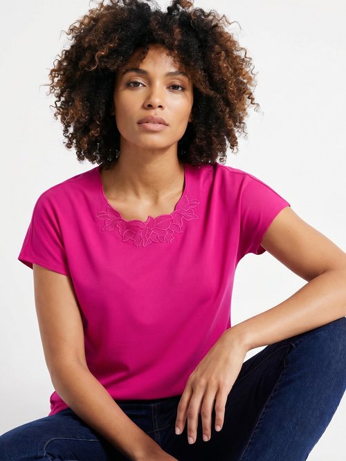 Top long manches courtes broderies col rond Femme Rose CUMIN MV1