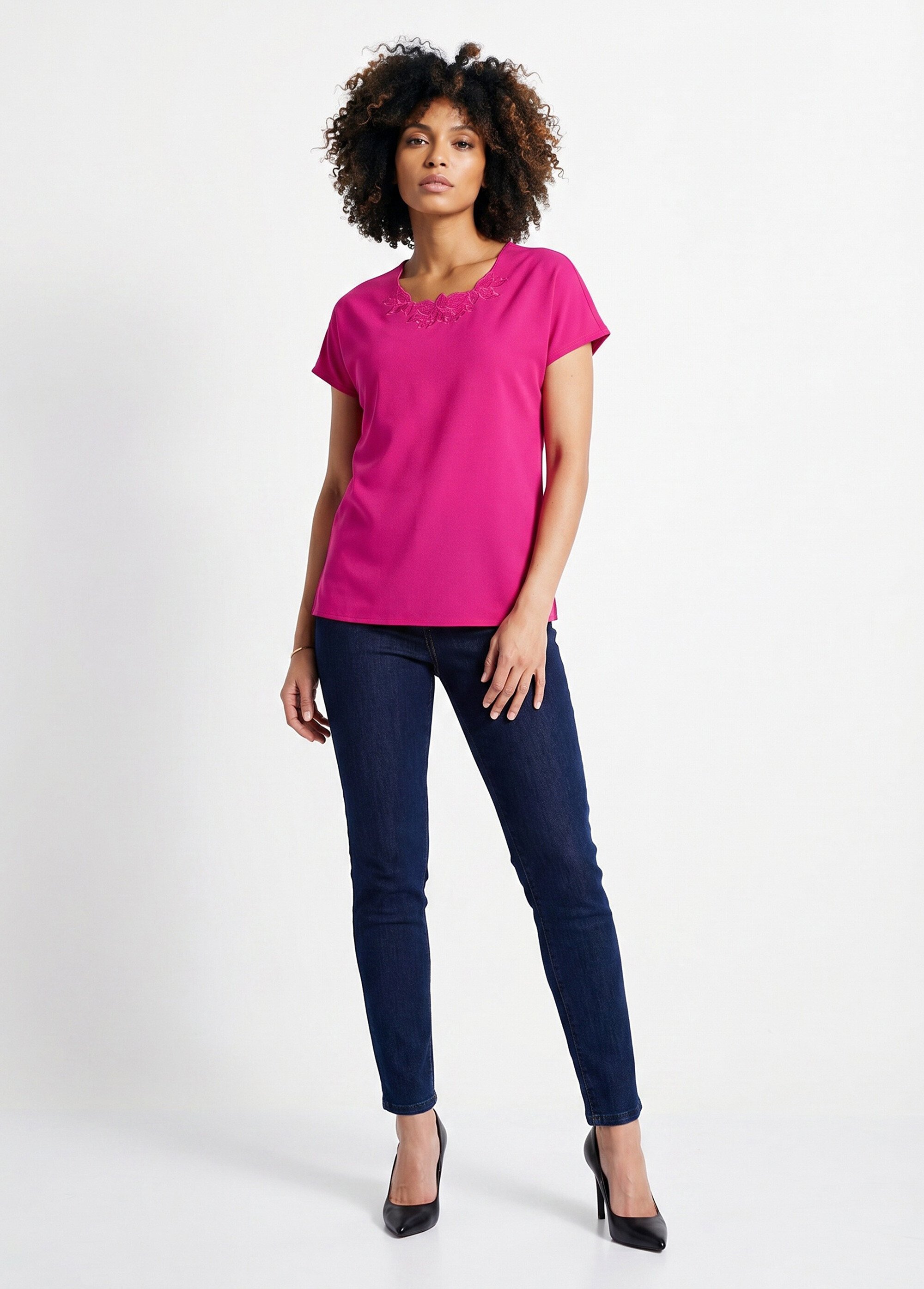 Top long manches courtes broderies col rond Femme Rose CUMIN SI1