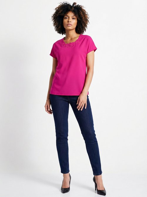 Top long manches courtes broderies col rond Femme Rose CUMIN SI1