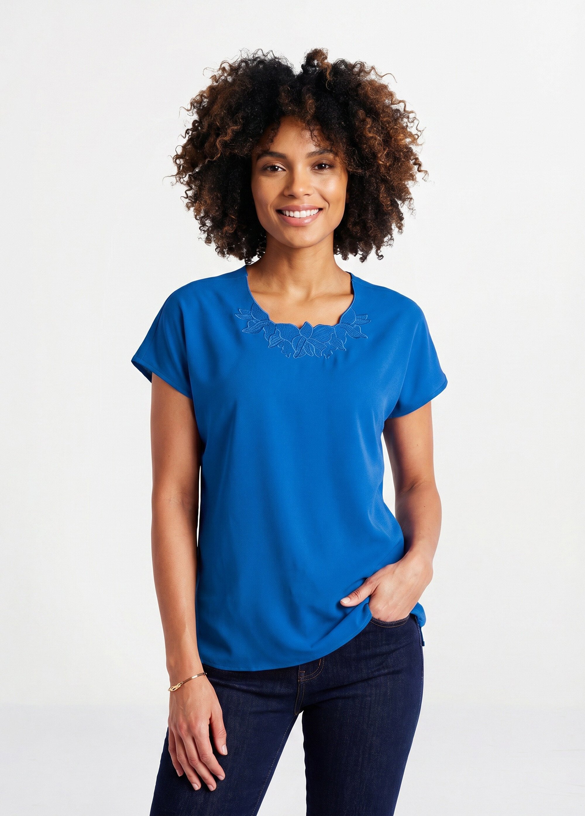 Top long manches courtes broderies col rond Femme Bleu CUMIN FA1