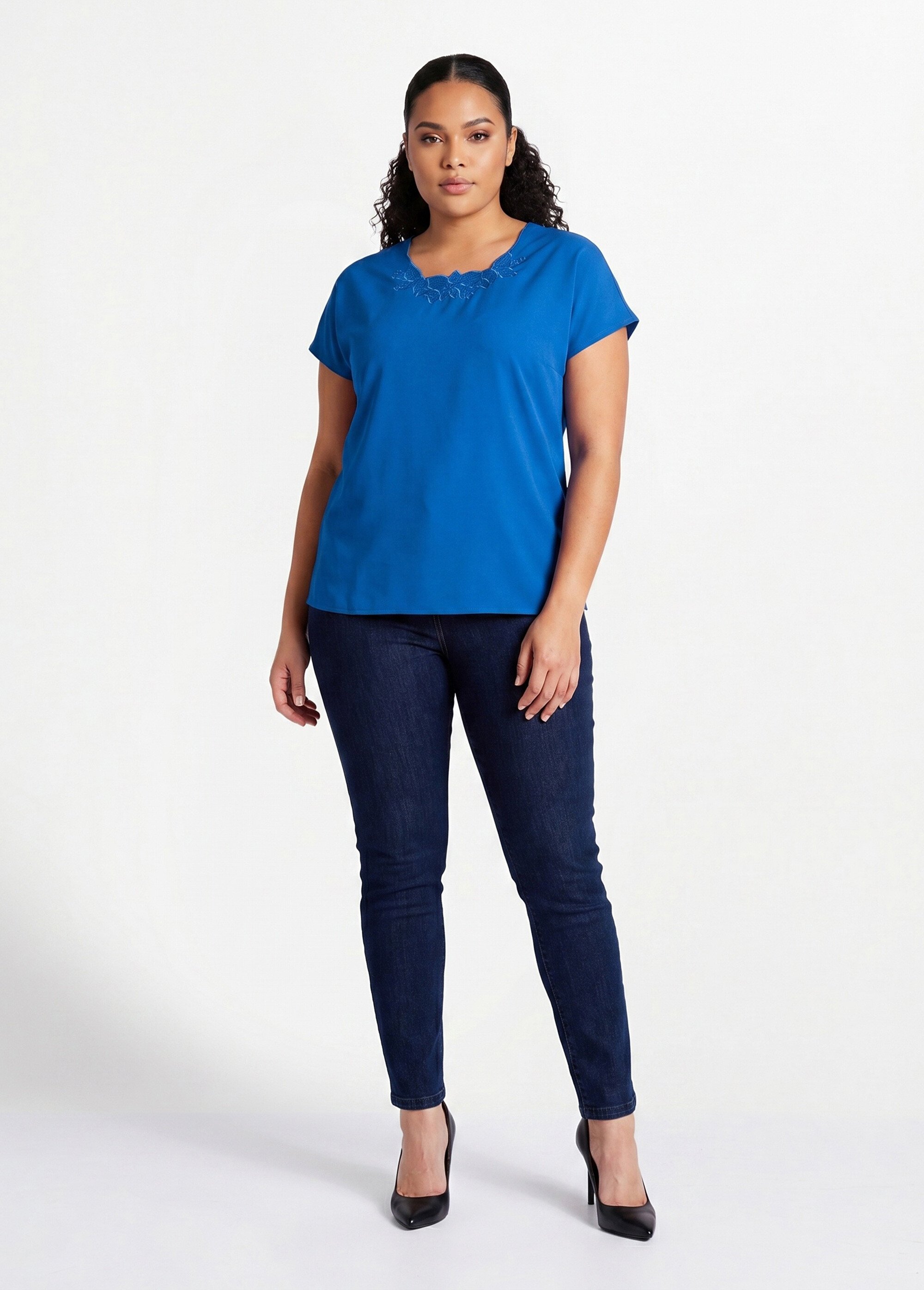 Top long manches courtes broderies col rond Femme Grande Taille Bleu CUMIN SI1