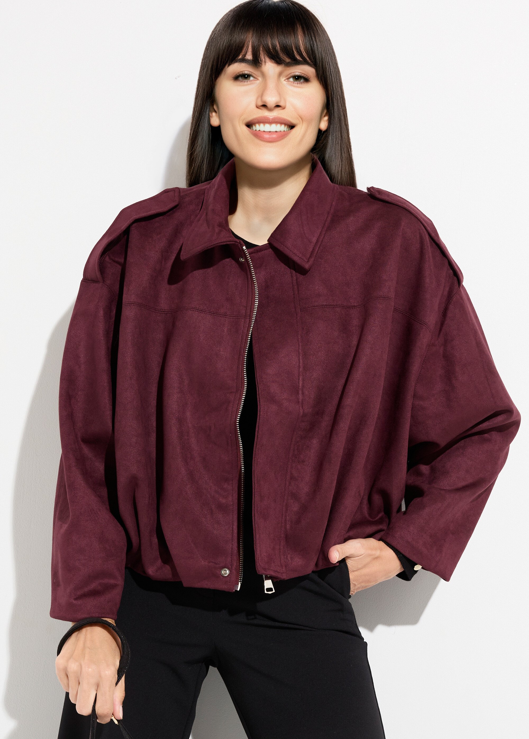 Veste courte plissée oversize en suédine