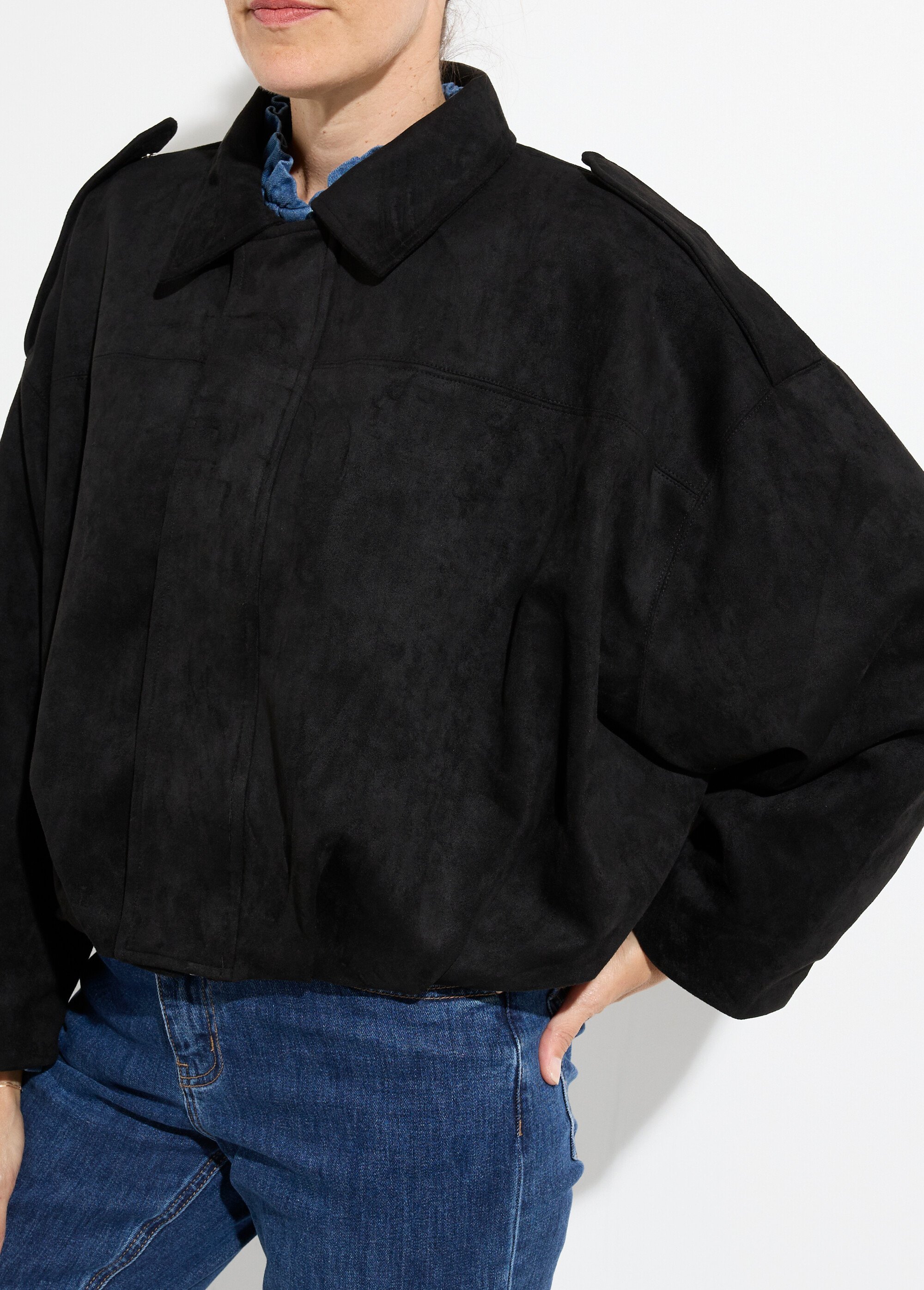 Veste courte plissée oversize en suédine Femme Noir PAP-C7160 DE1