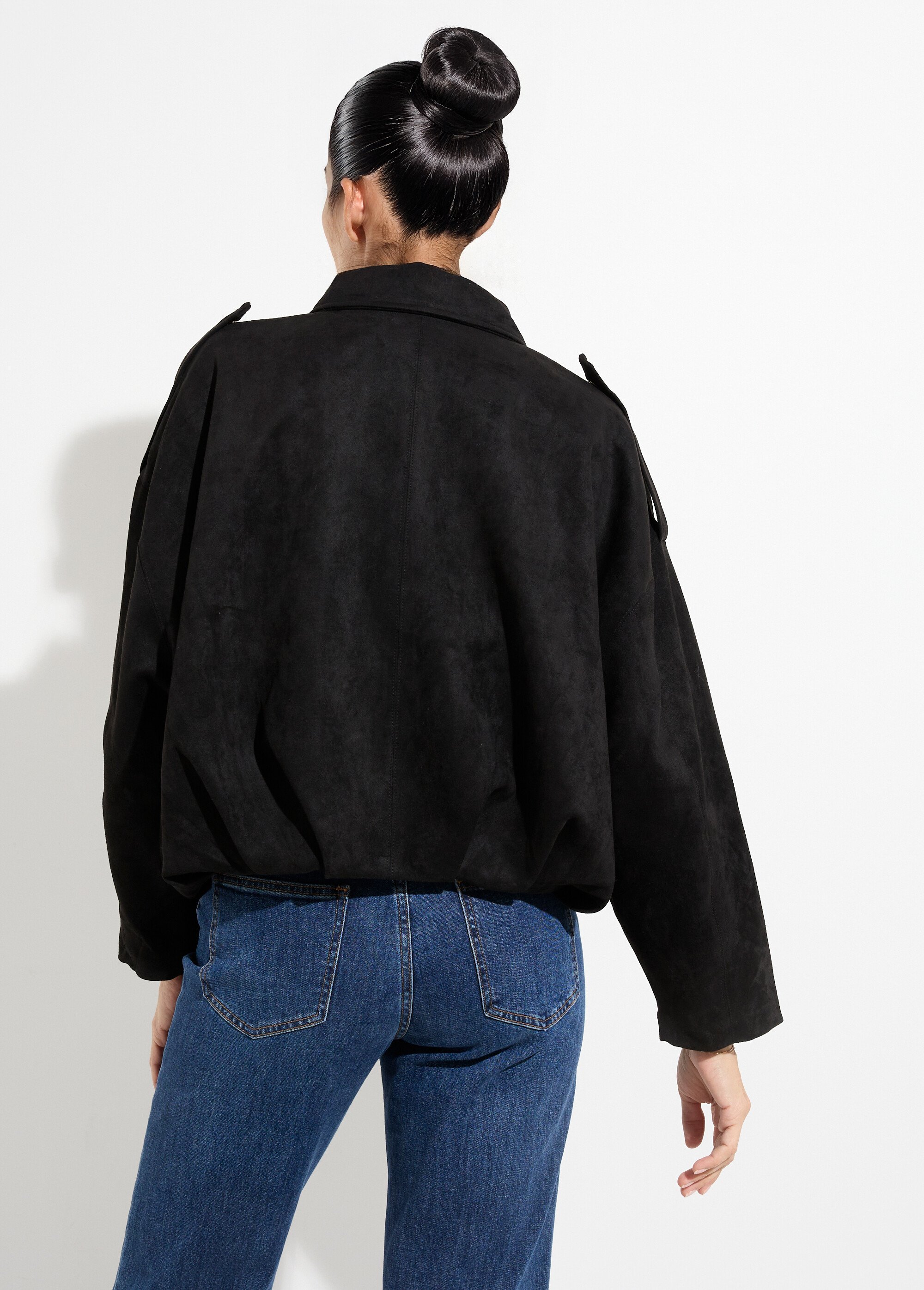Veste courte plissée oversize en suédine Femme Noir PAP-C7160 DO1