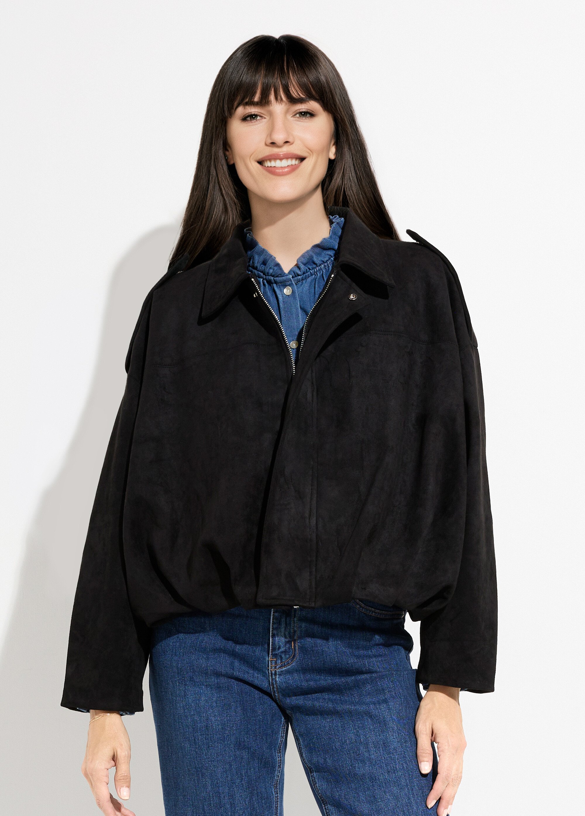 Veste courte plissée oversize en suédine Femme Noir PAP-C7160 FA1