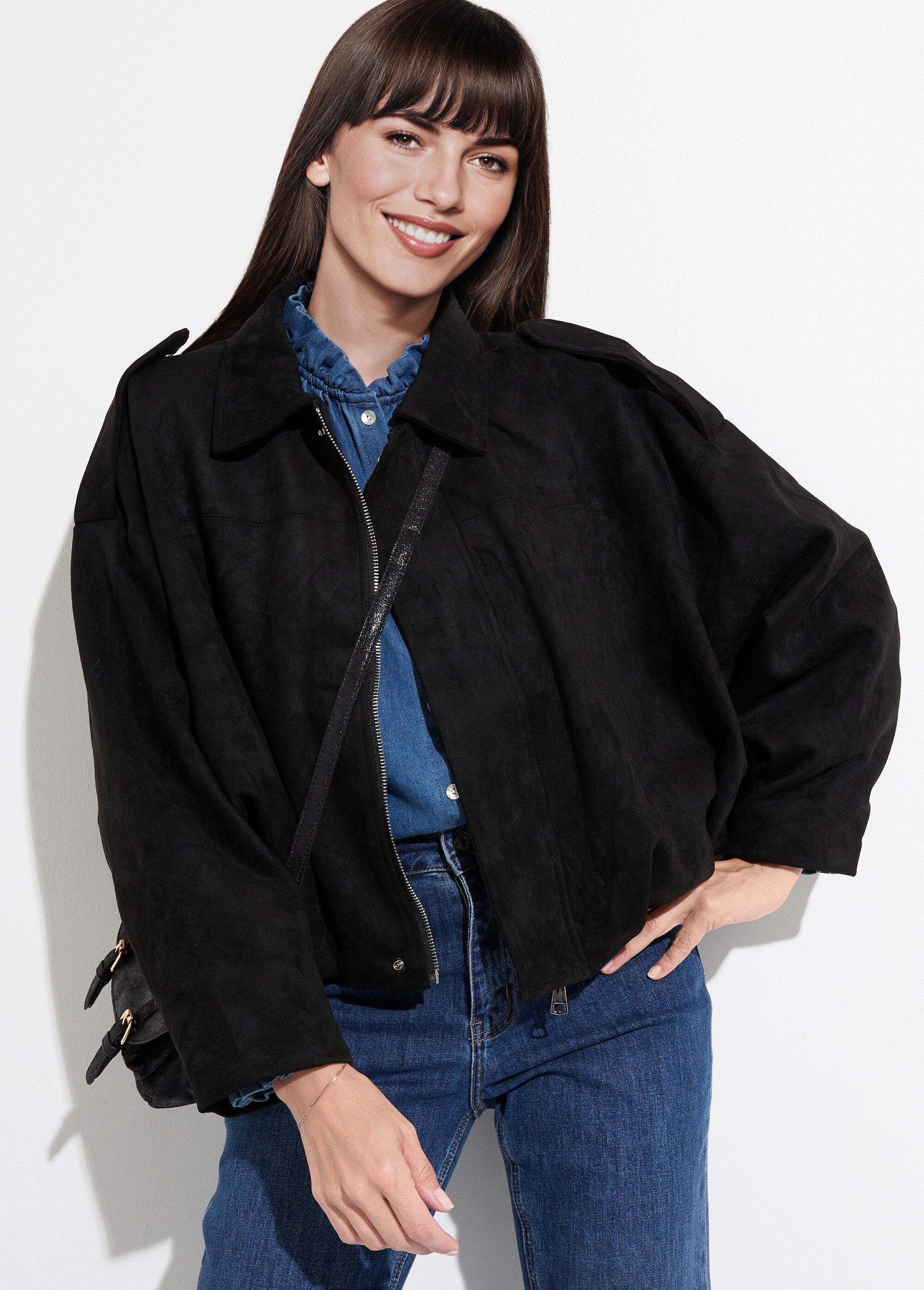 Veste courte plissée oversize en suédine Femme Noir PAP-C7160 MV1