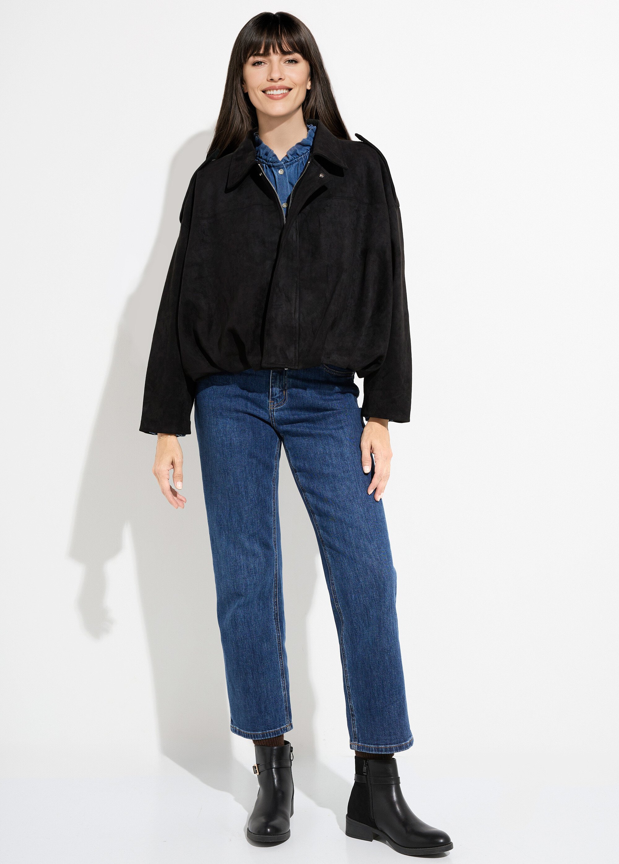 Veste courte plissée oversize en suédine Femme Noir PAP-C7160 SF1