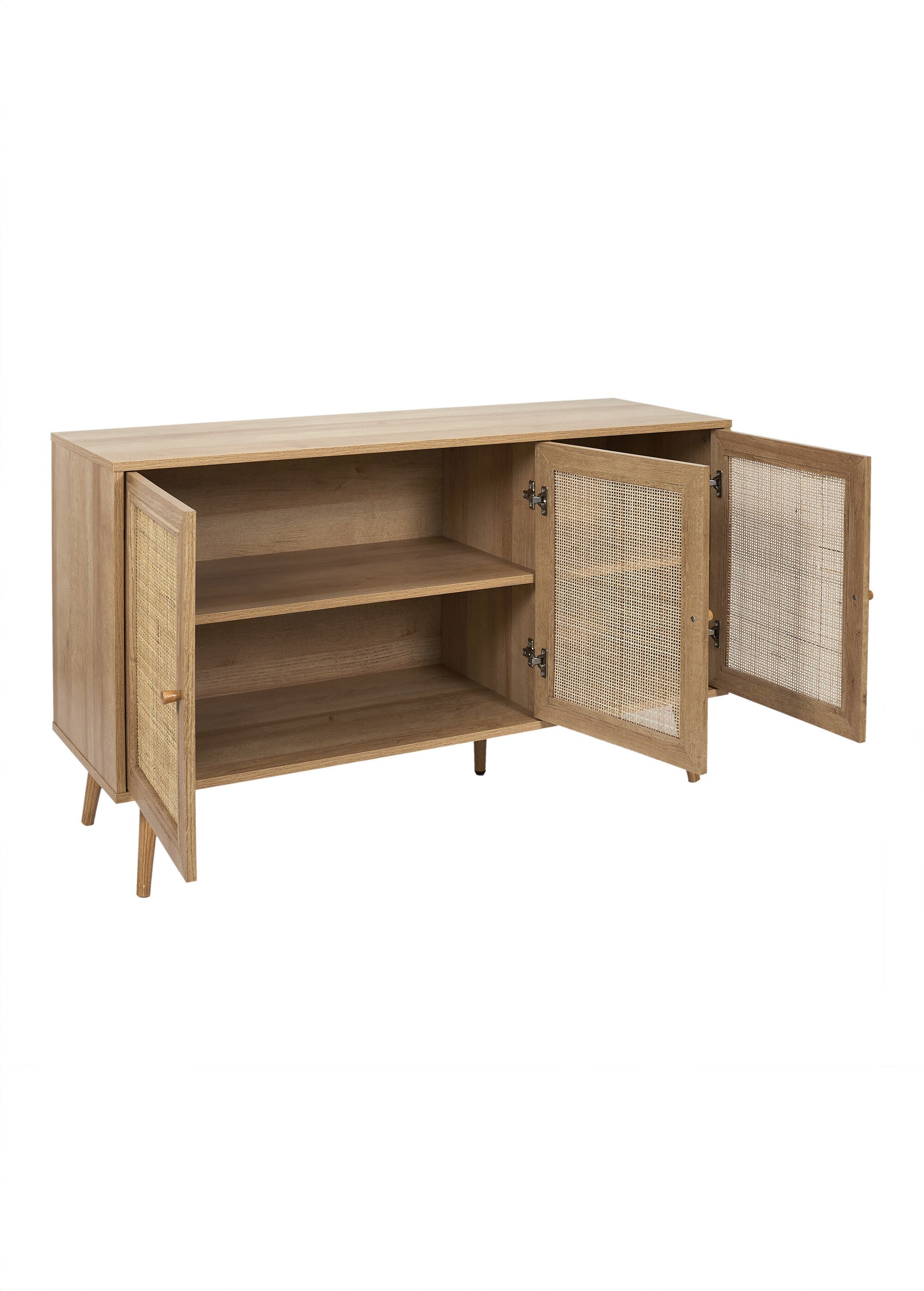 Buffet bas 3 portes, en bois et cannage