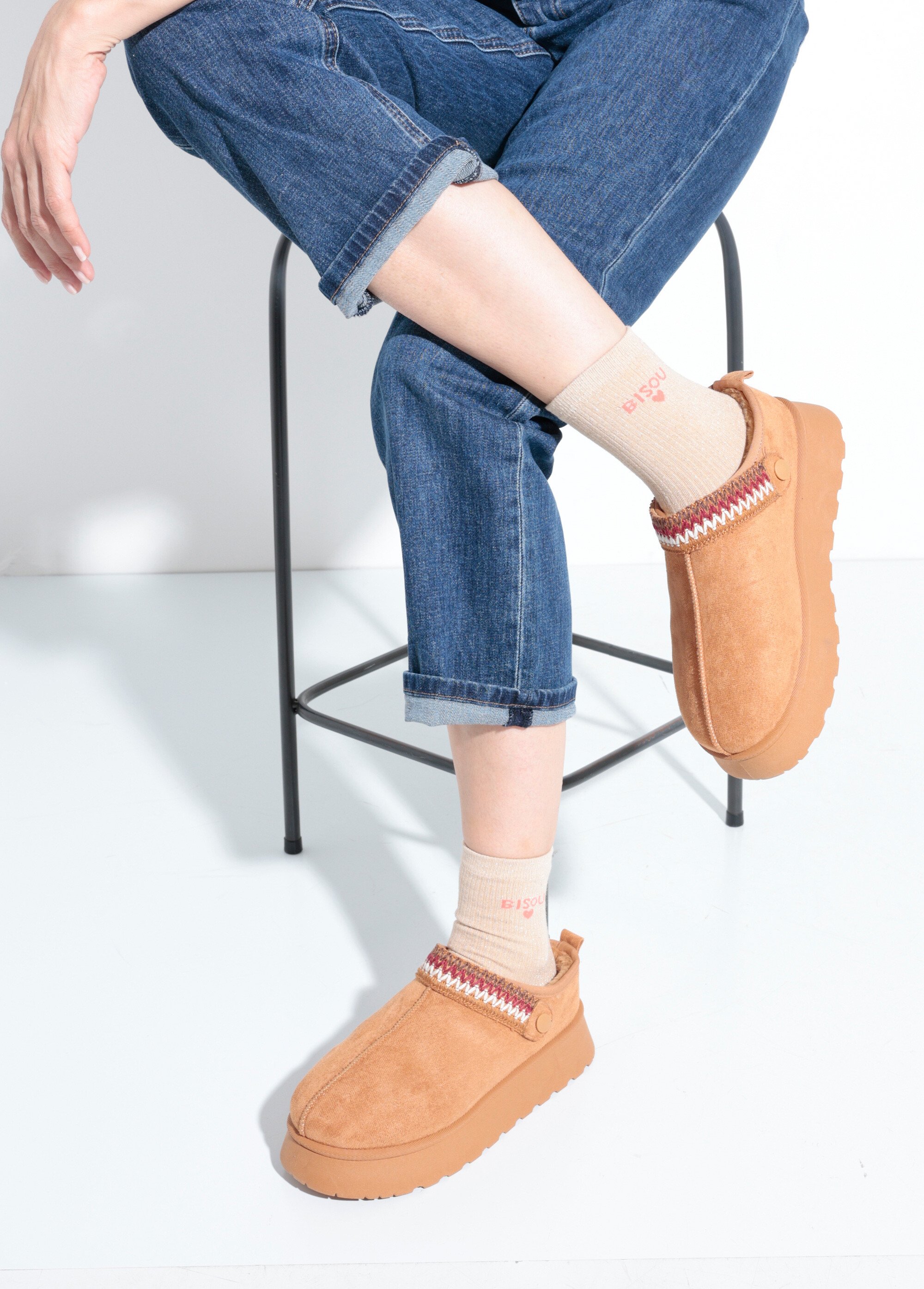 Mules compensées fourrées patte fantaisie Femme Beige QUIZ9003 SI1
