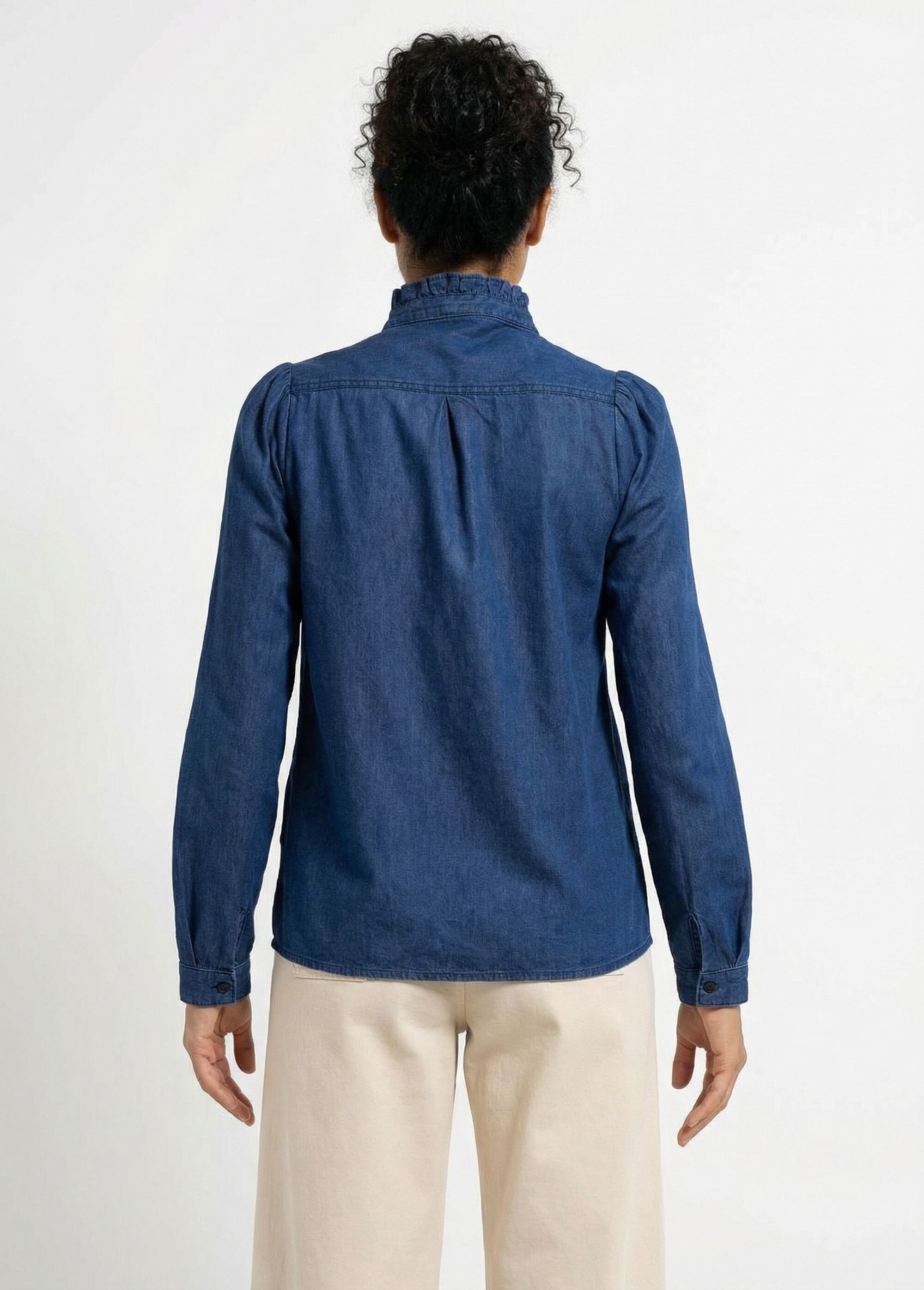 Chemisier col volanté en denim léger Femme BLEU DENIM CALORE DO1