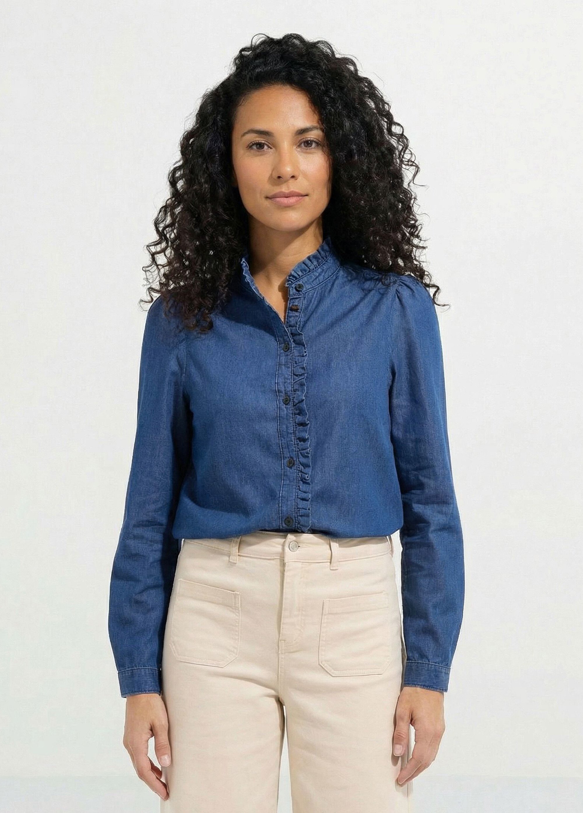 Chemisier col volanté en denim léger Femme BLEU DENIM CALORE FA1