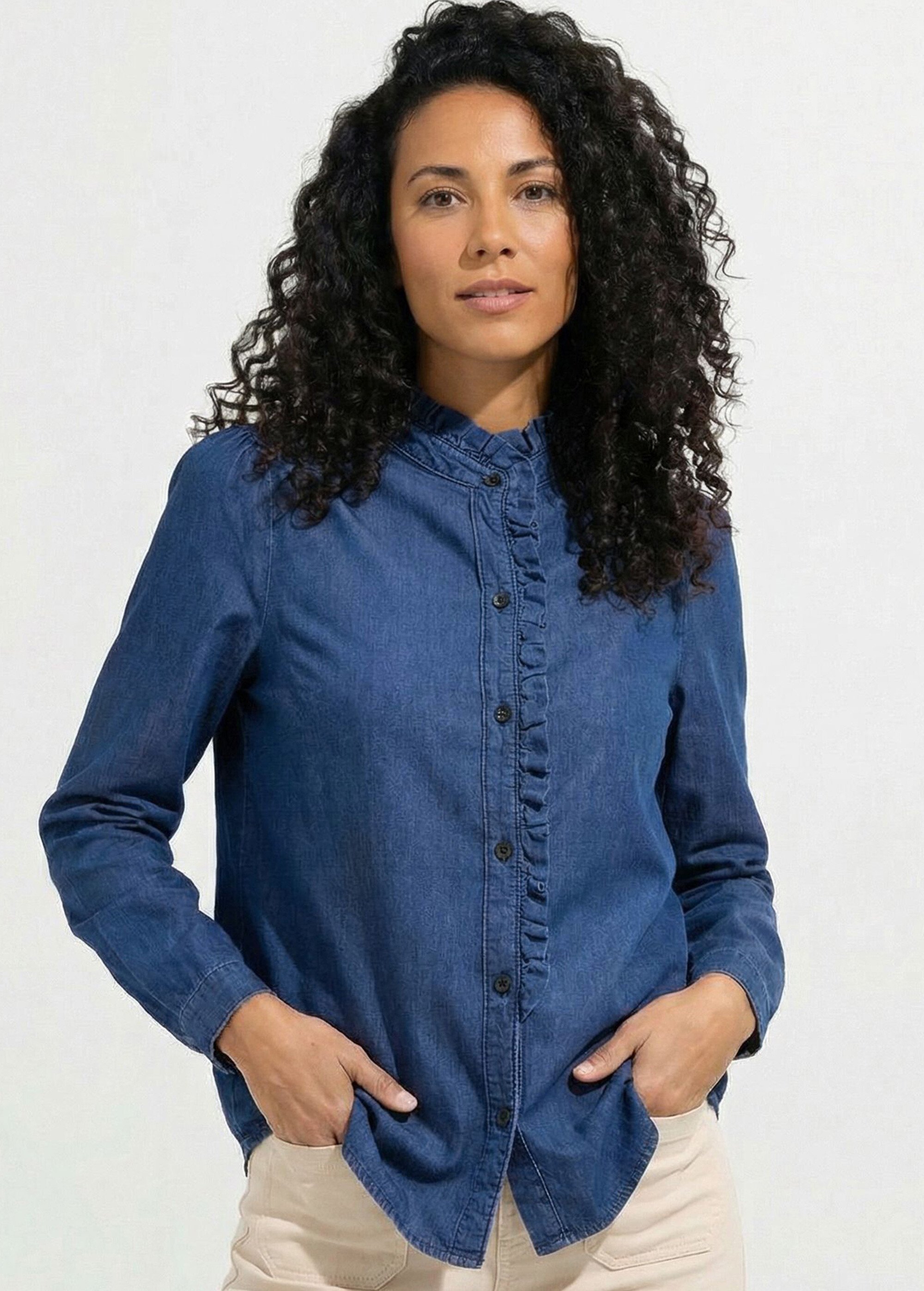 Chemisier col volanté en denim léger Femme BLEU DENIM CALORE MV1