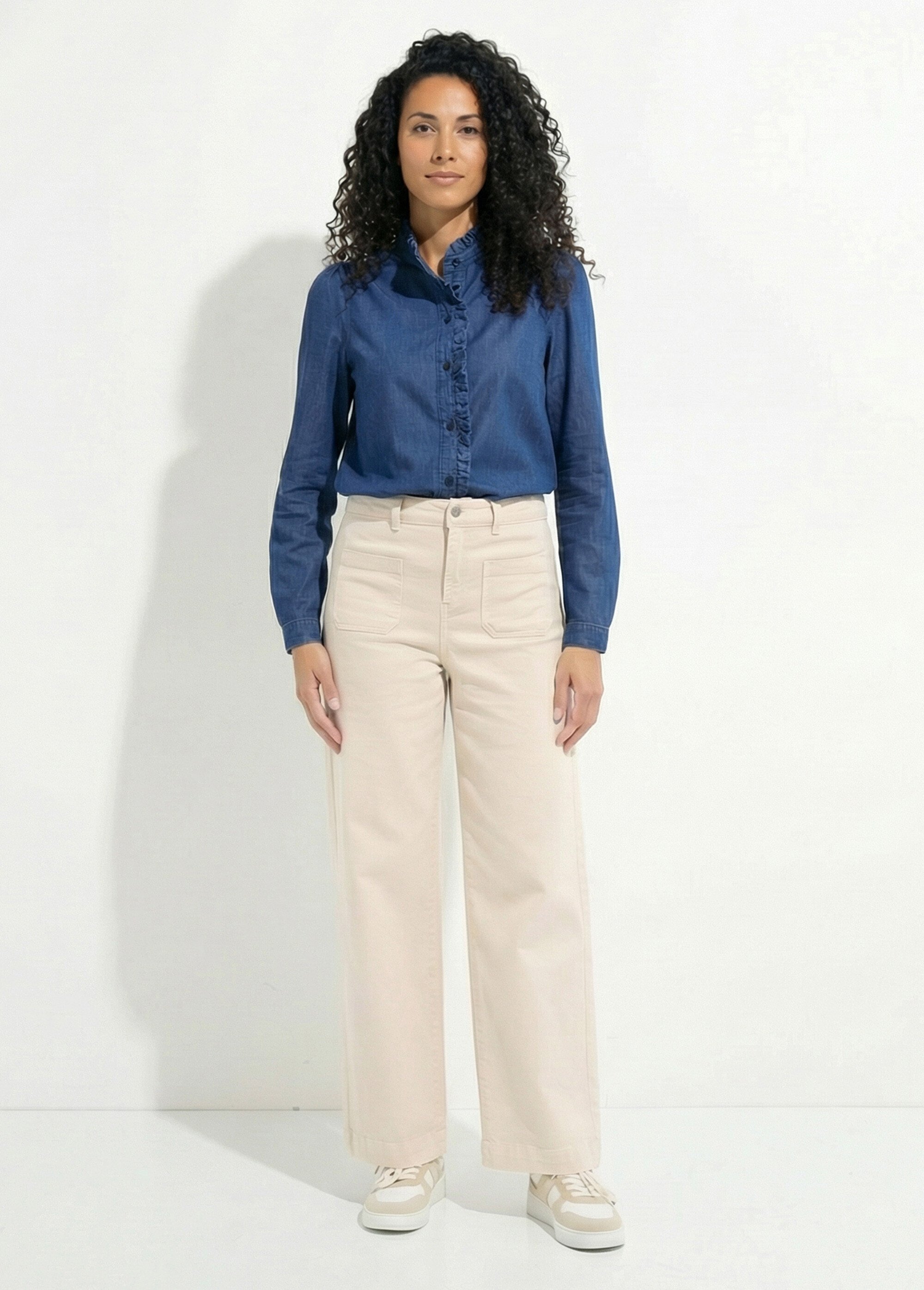 Chemisier col volanté en denim léger Femme BLEU DENIM CALORE SF1