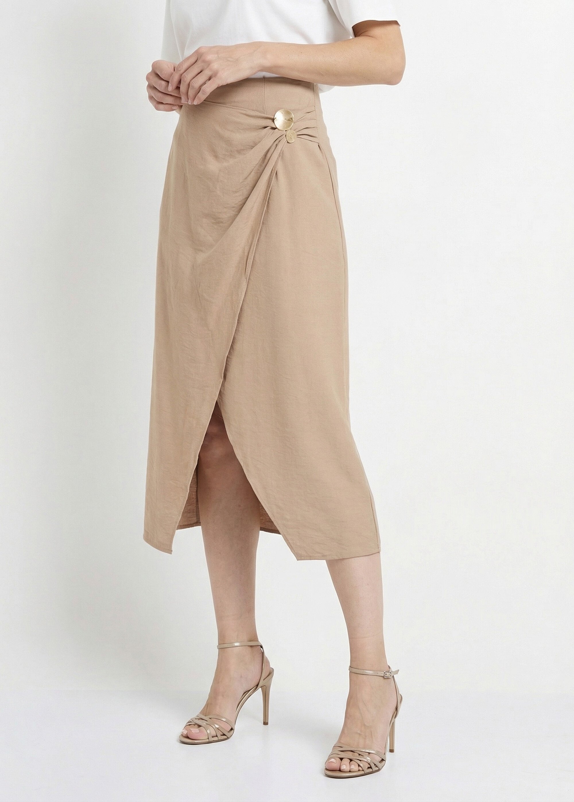 Jupe portefeuille détail métal bijou Femme Beige IKB-3547 FA1