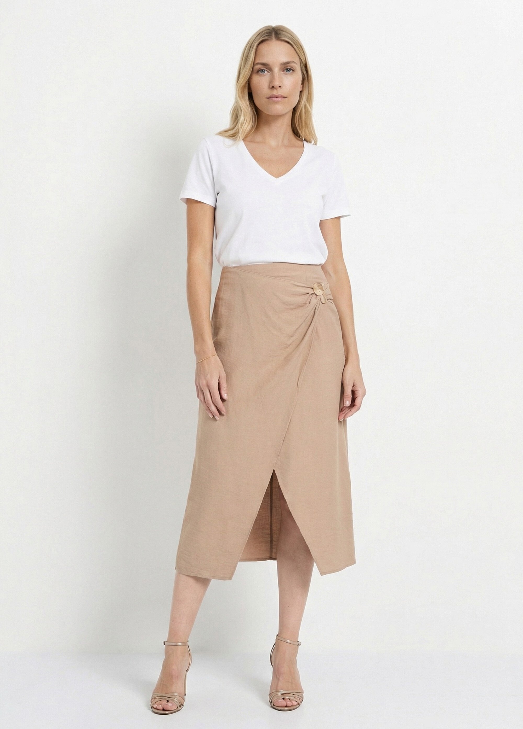 Jupe portefeuille détail métal bijou Femme Beige IKB-3547 SF1