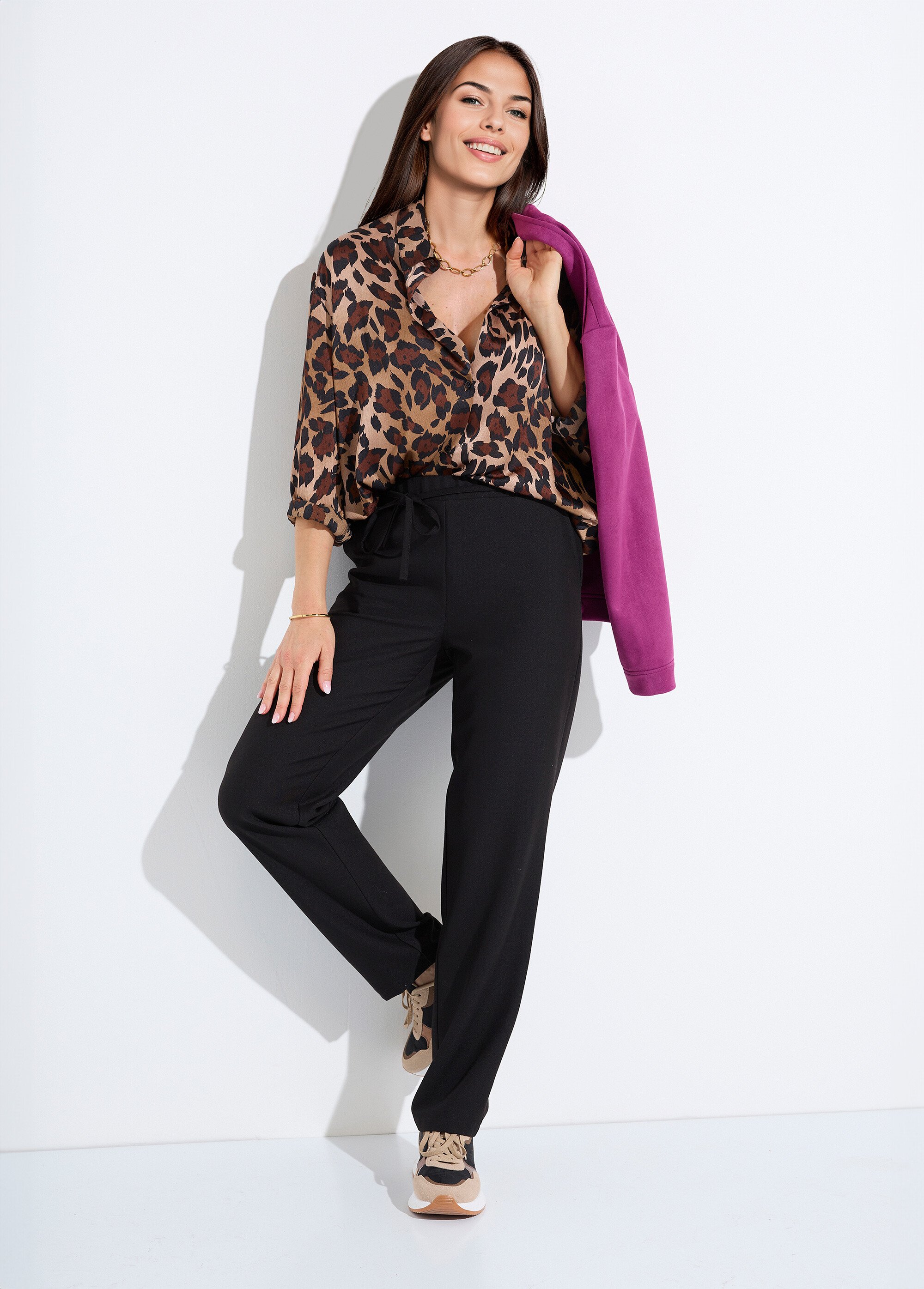 Pantalon droit lien à la taille 3/4 élastiquée Femme Noir NONIA MV1