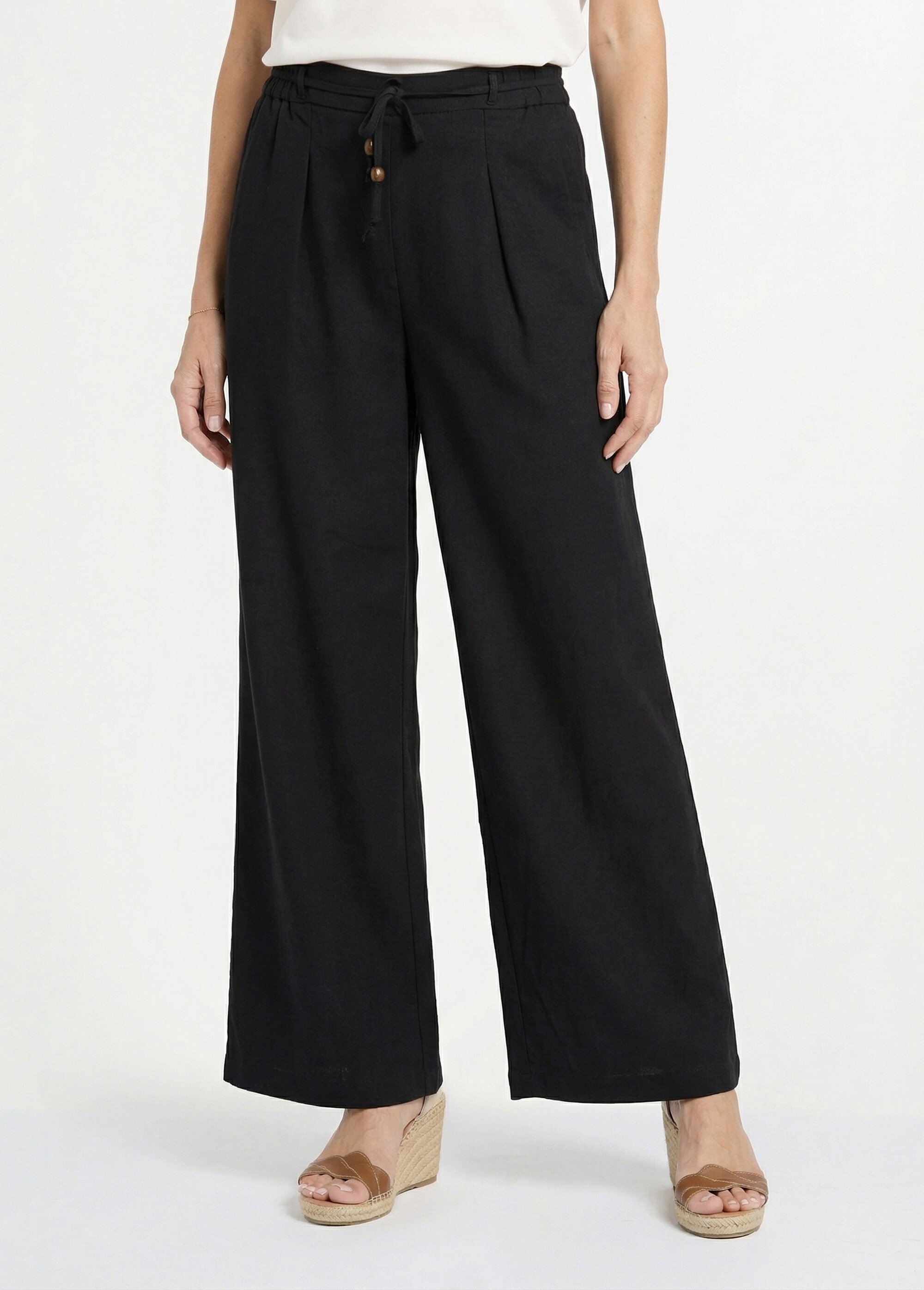 Pantalon large avec lin, style ethnique Femme Noir IKB-81357 FA1