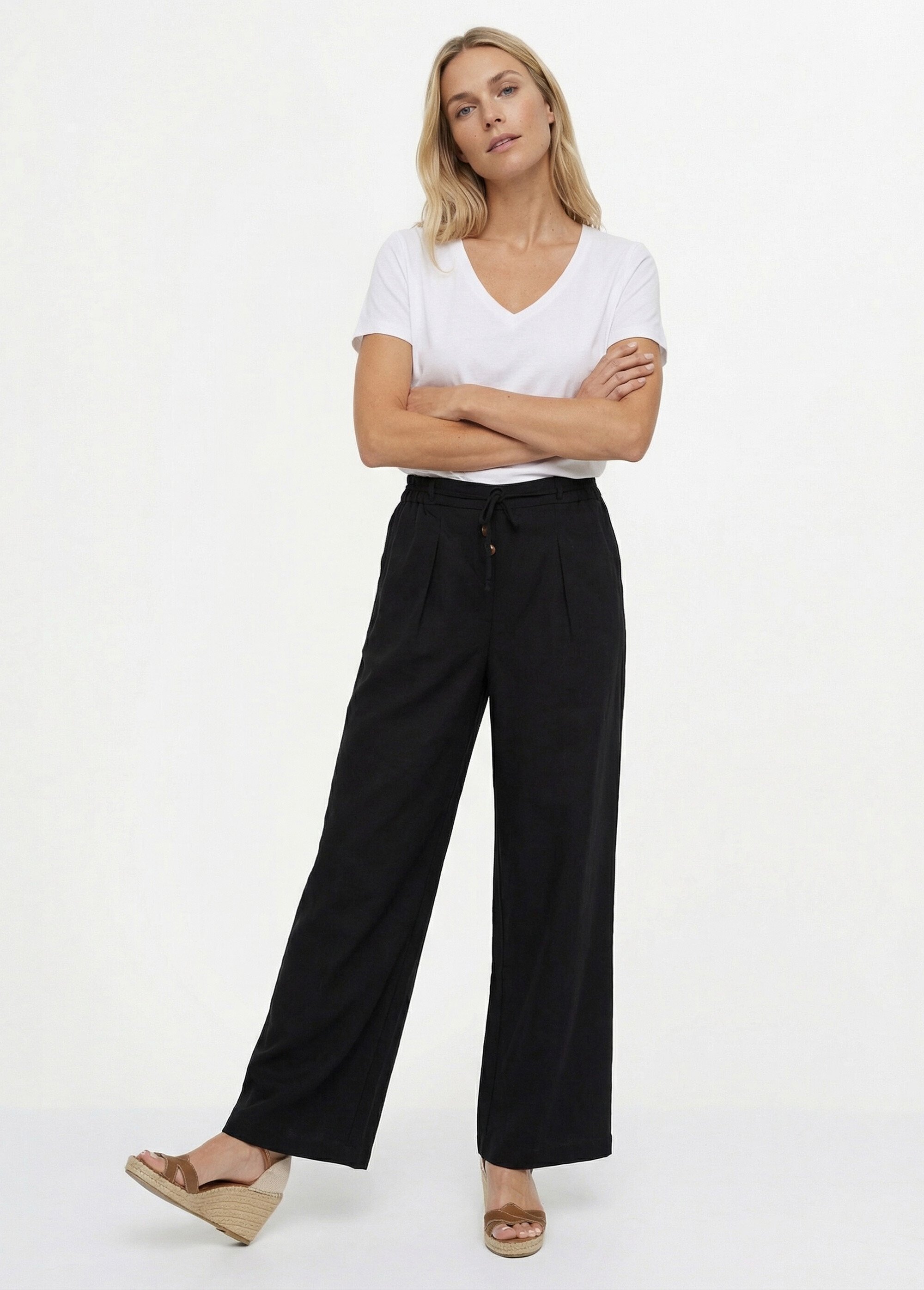 Pantalon large avec lin, style ethnique Femme Noir IKB-81357 MV1