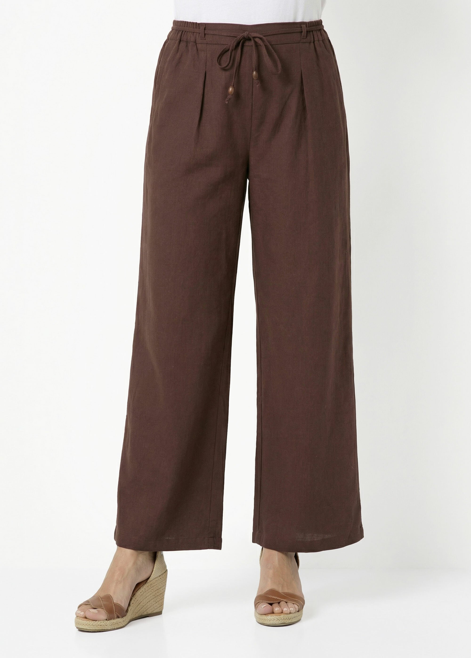Pantalon large avec lin, style ethnique Femme Marron IKB-81357 FA1