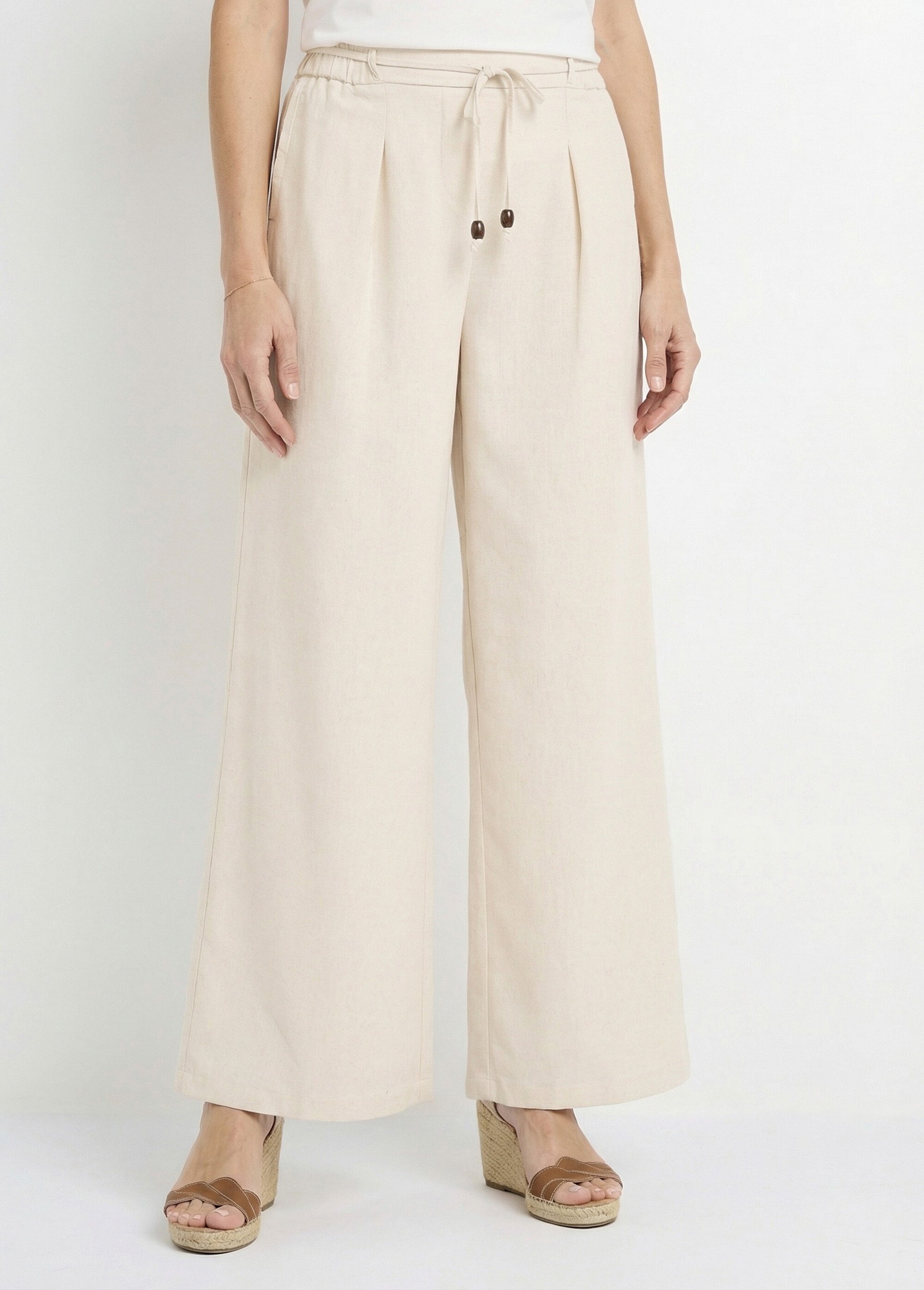 Pantalon large avec lin, style ethnique Femme Beige IKB-81357 FA1