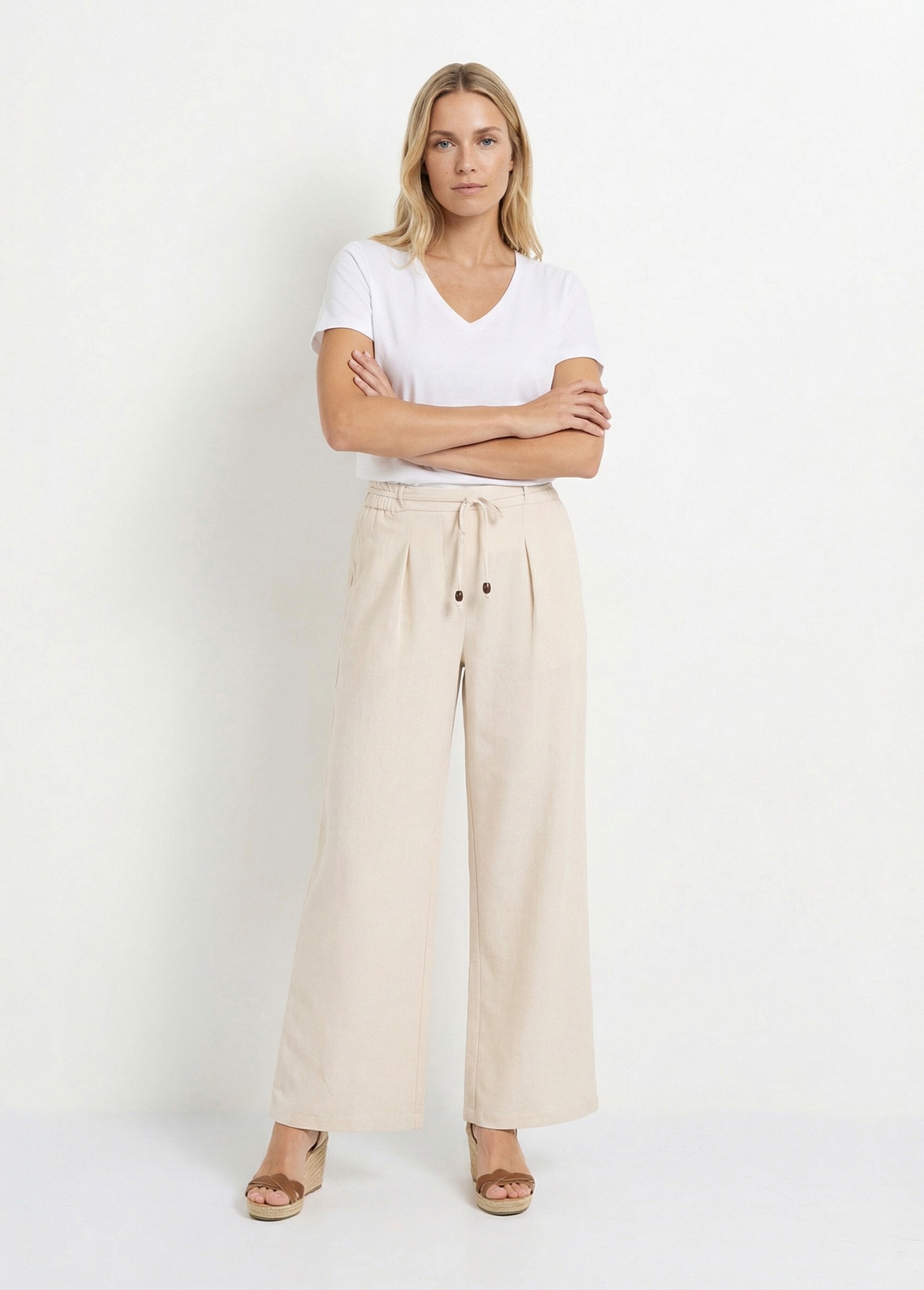 Pantalon large avec lin, style ethnique Femme Beige IKB-81357 SF1