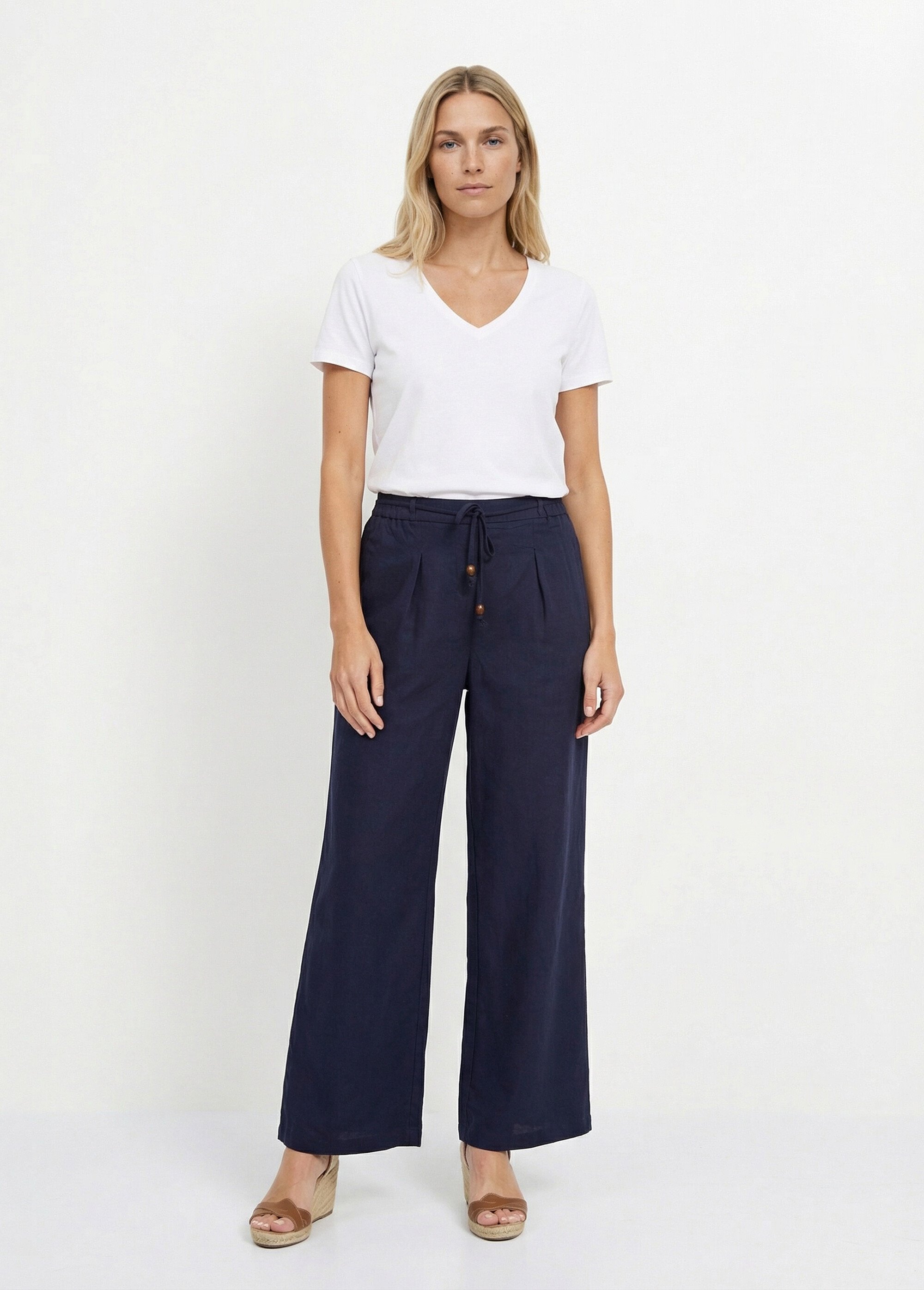 Pantalon large avec lin, style ethnique Femme Bleu IKB-81357 SF1