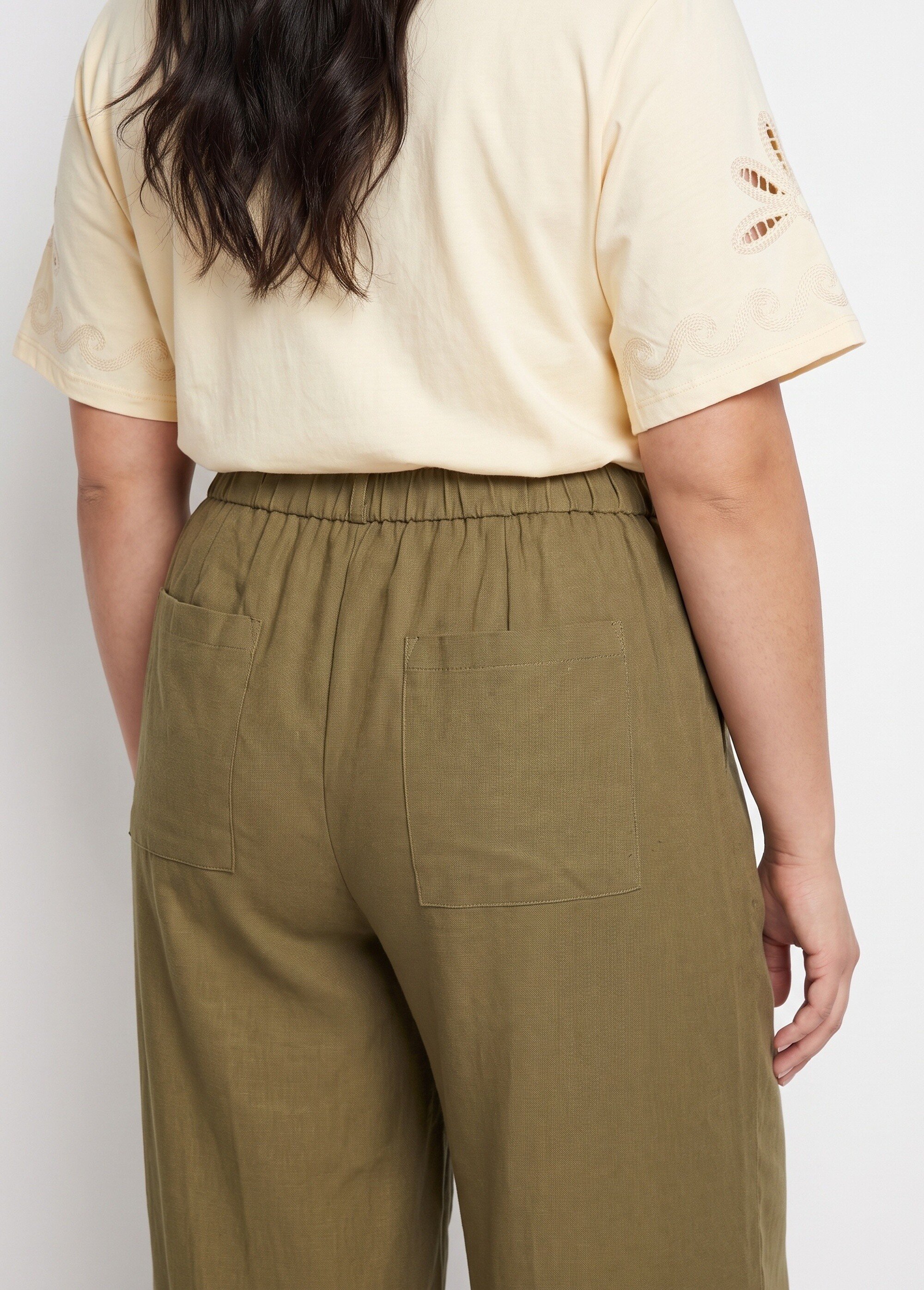Pantalon large avec lin, style ethnique Femme Grande Taille Vert IKB-81357 DO1