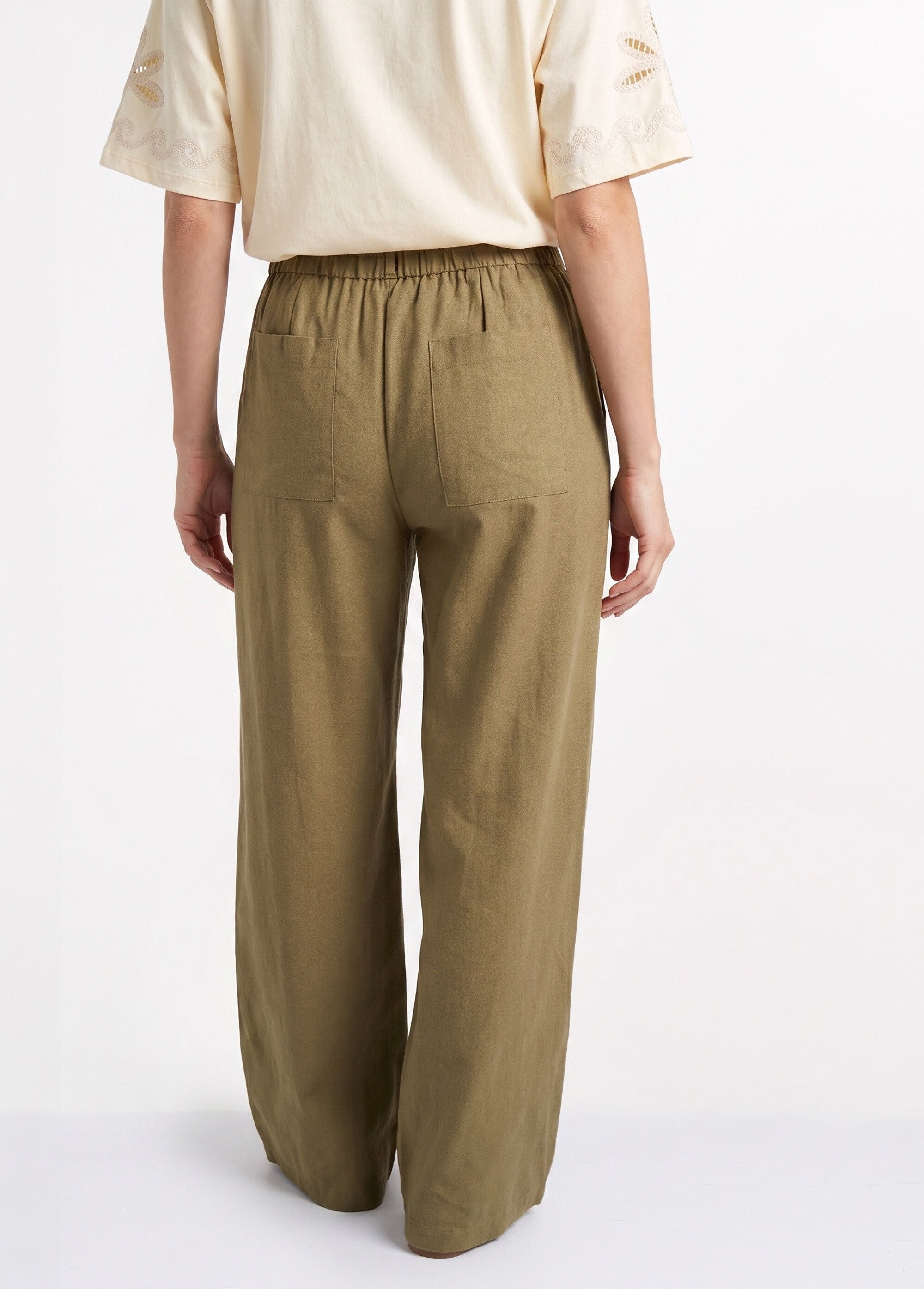 Pantalon large avec lin, style ethnique Femme Vert IKB-81357 DO1