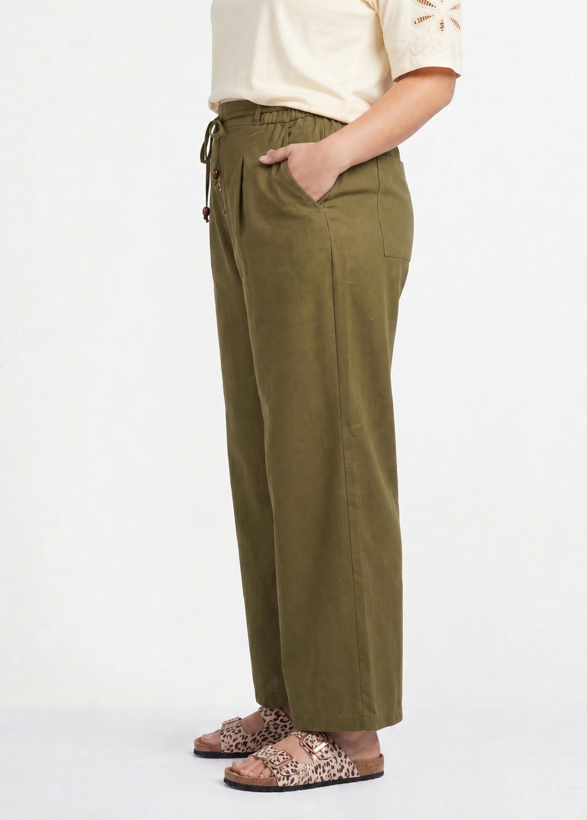 Pantalon large avec lin, style ethnique Femme Grande Taille Vert IKB-81357 DR1