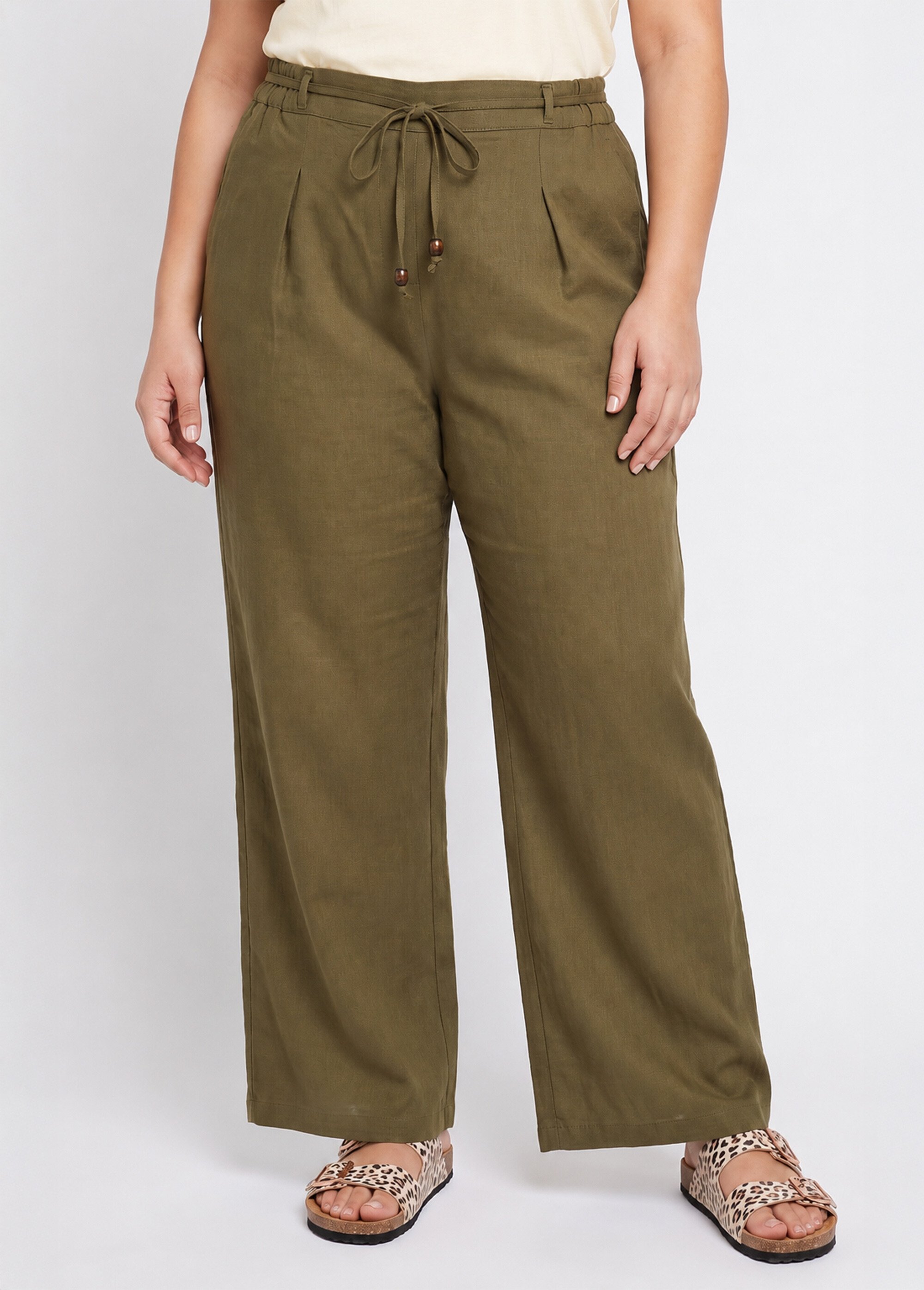 Pantalon large avec lin, style ethnique Femme Grande Taille Vert IKB-81357 FA1