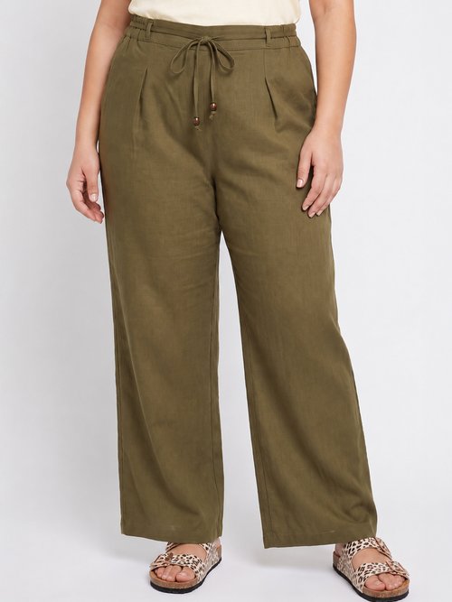 Pantalon large avec lin, style ethnique Femme Grande Taille Vert IKB-81357 FA1