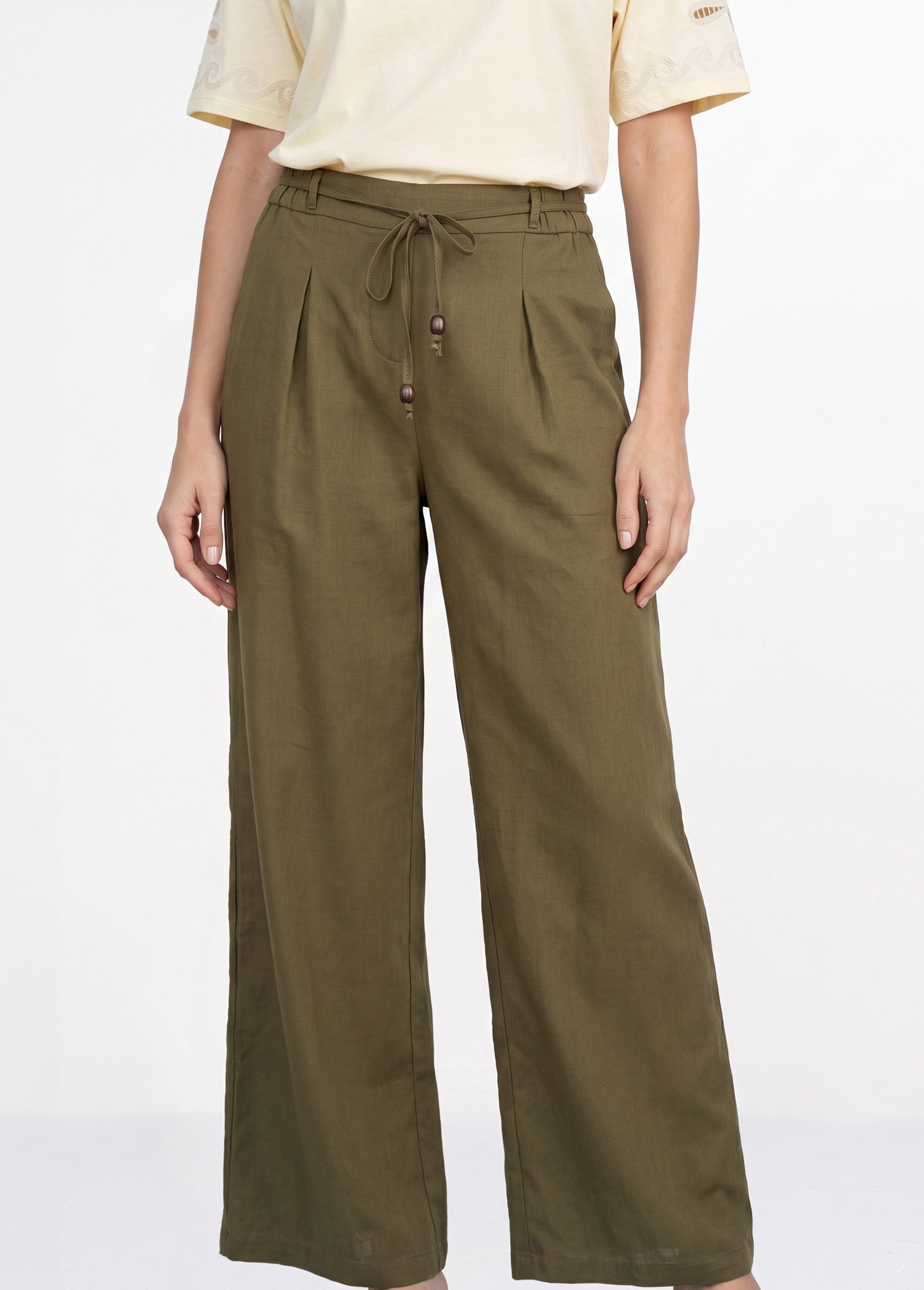Pantalon large avec lin, style ethnique Femme Vert IKB-81357 FA1