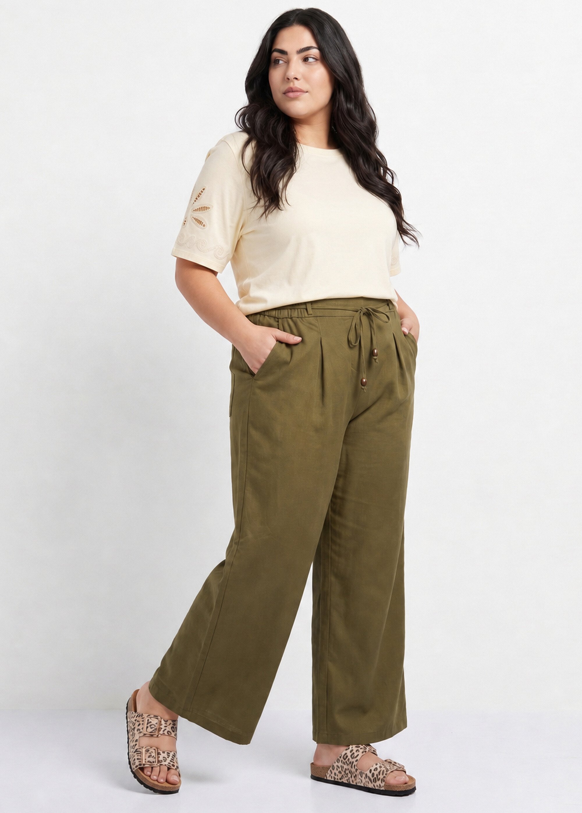 Pantalon large avec lin, style ethnique Femme Grande Taille Vert IKB-81357 MV1