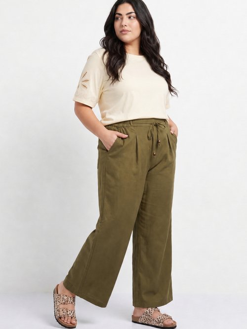 Pantalon large avec lin, style ethnique Femme Grande Taille Vert IKB-81357 MV1